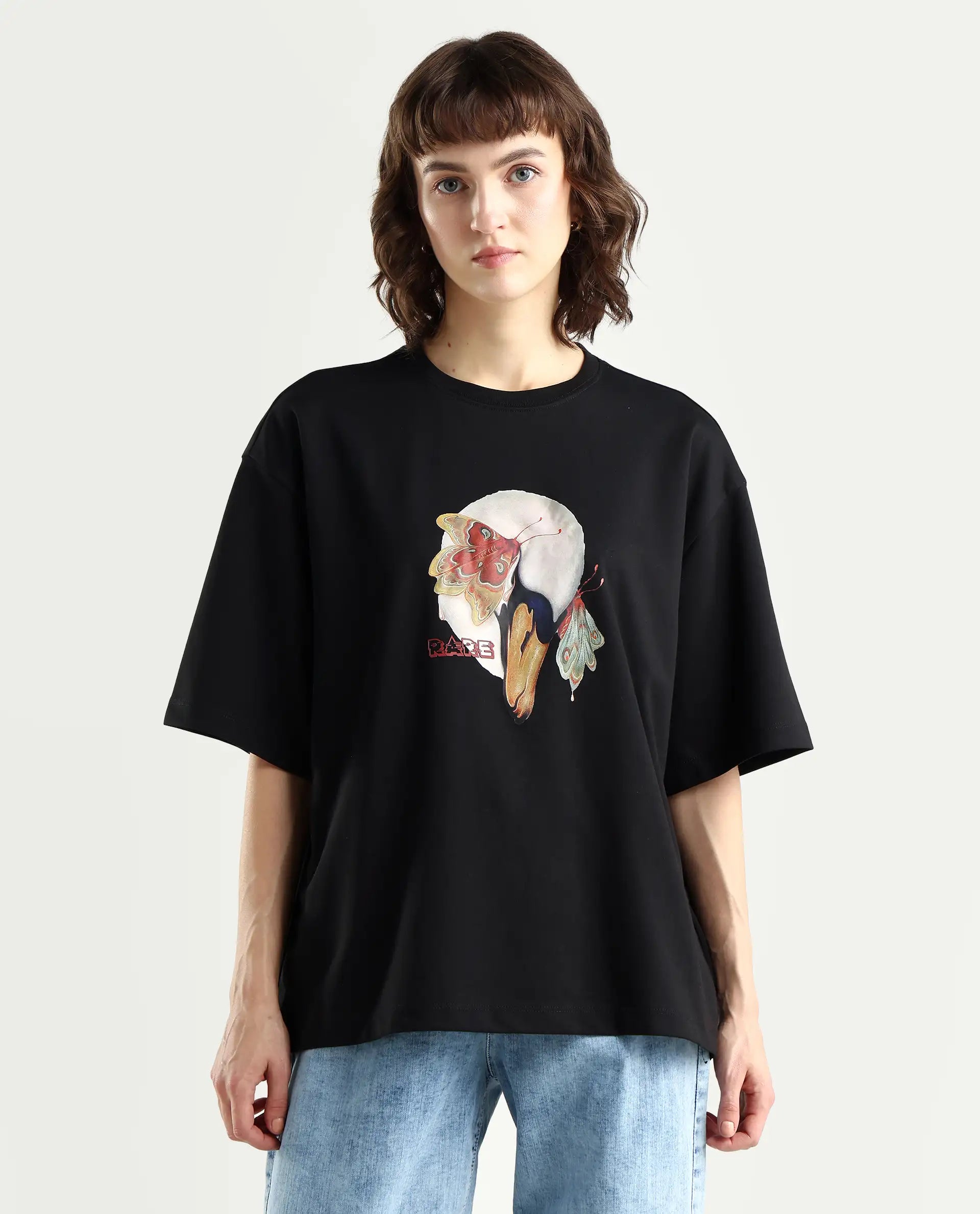 Rareism Women's Grail Black Cotton Blend Crew Neck Graphic Print Oversized T-Shirt