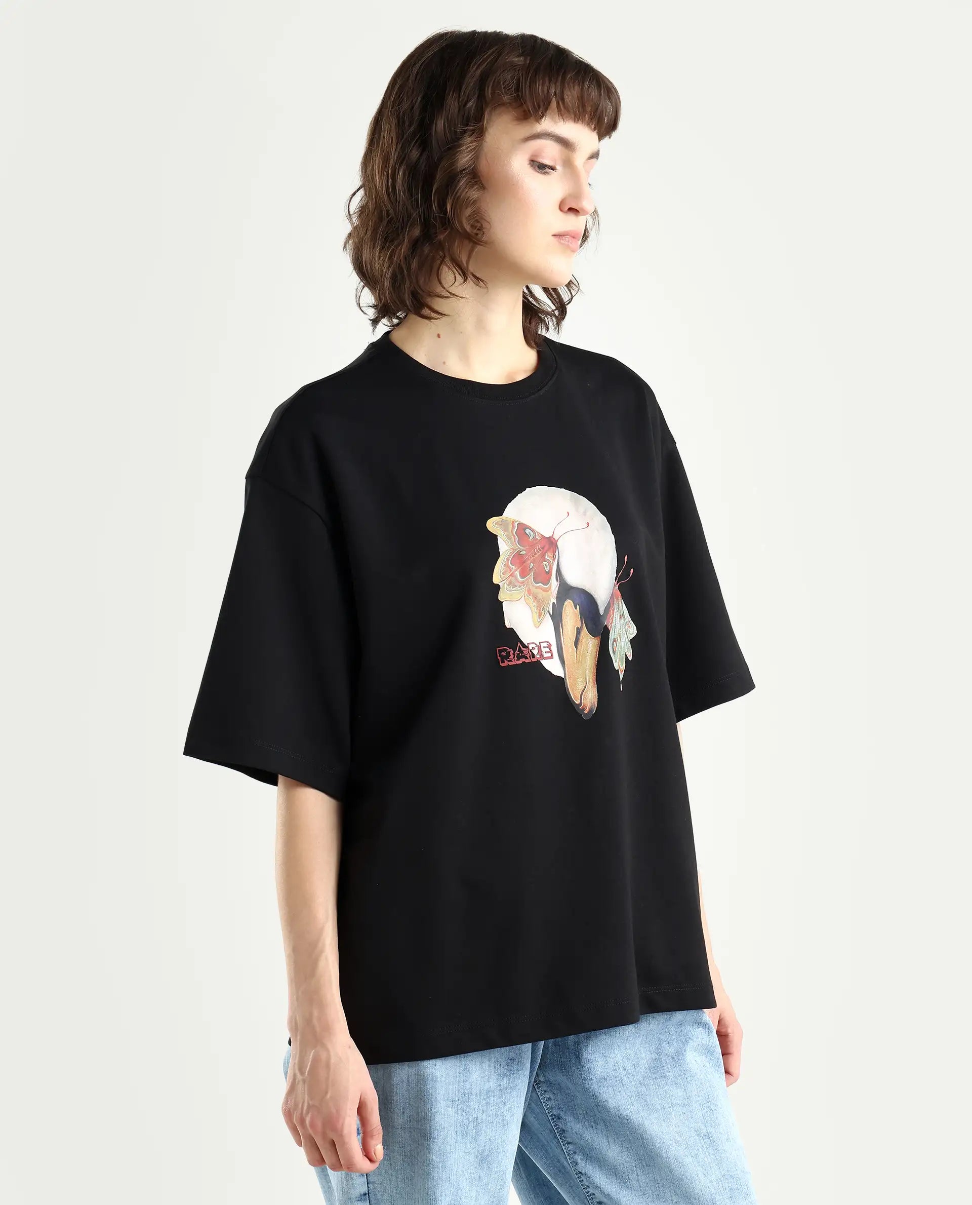 Rareism Women's Grail Black Cotton Blend Crew Neck Graphic Print Oversized T-Shirt