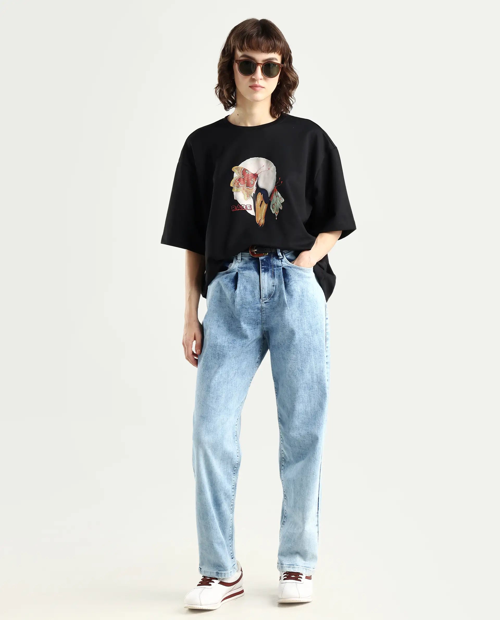 Rareism Women's Grail Black Cotton Blend Crew Neck Graphic Print Oversized T-Shirt