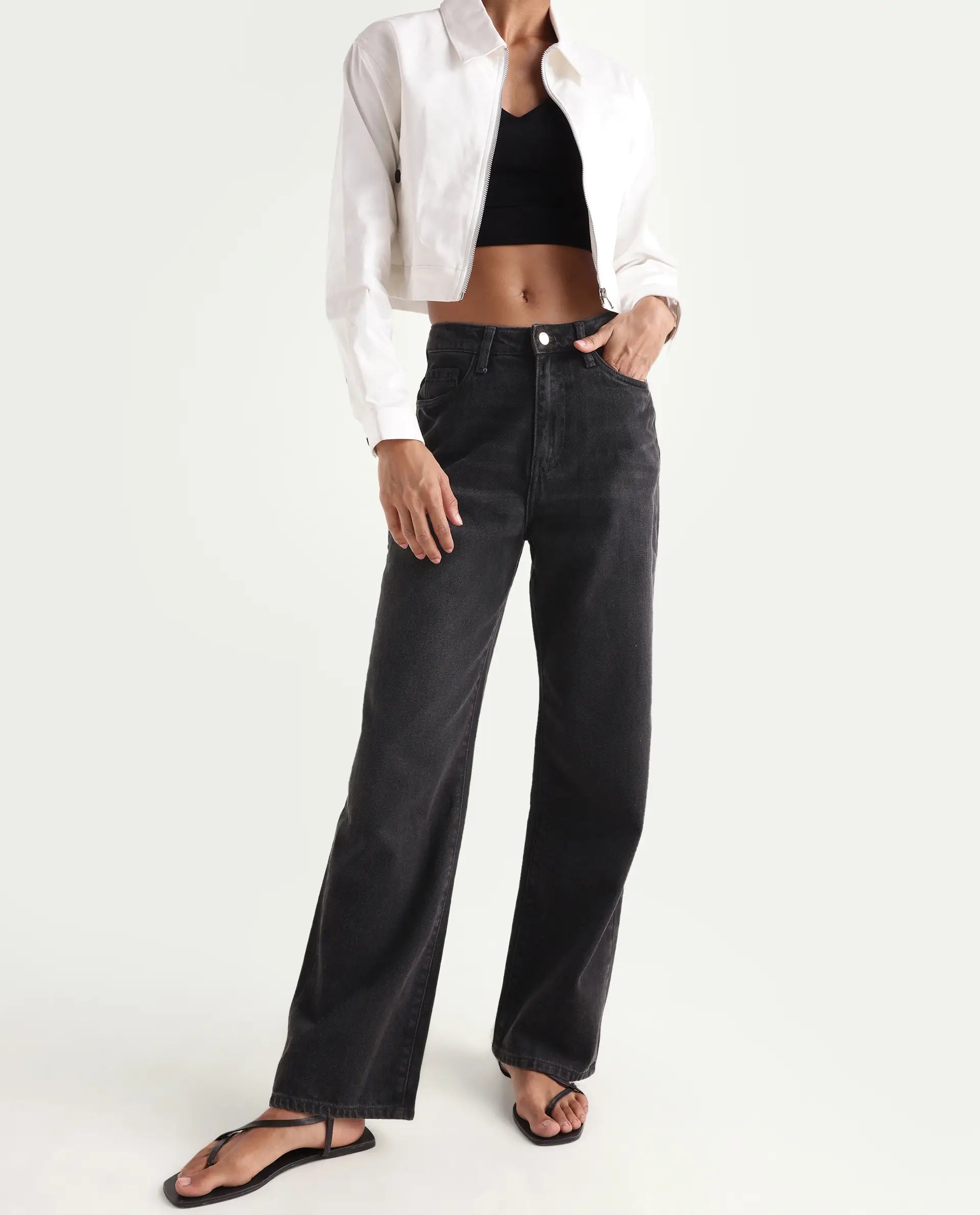 Rareism Women's Beuro Black Cotton Blend Plain Ankle Length Straight Fit Jeans