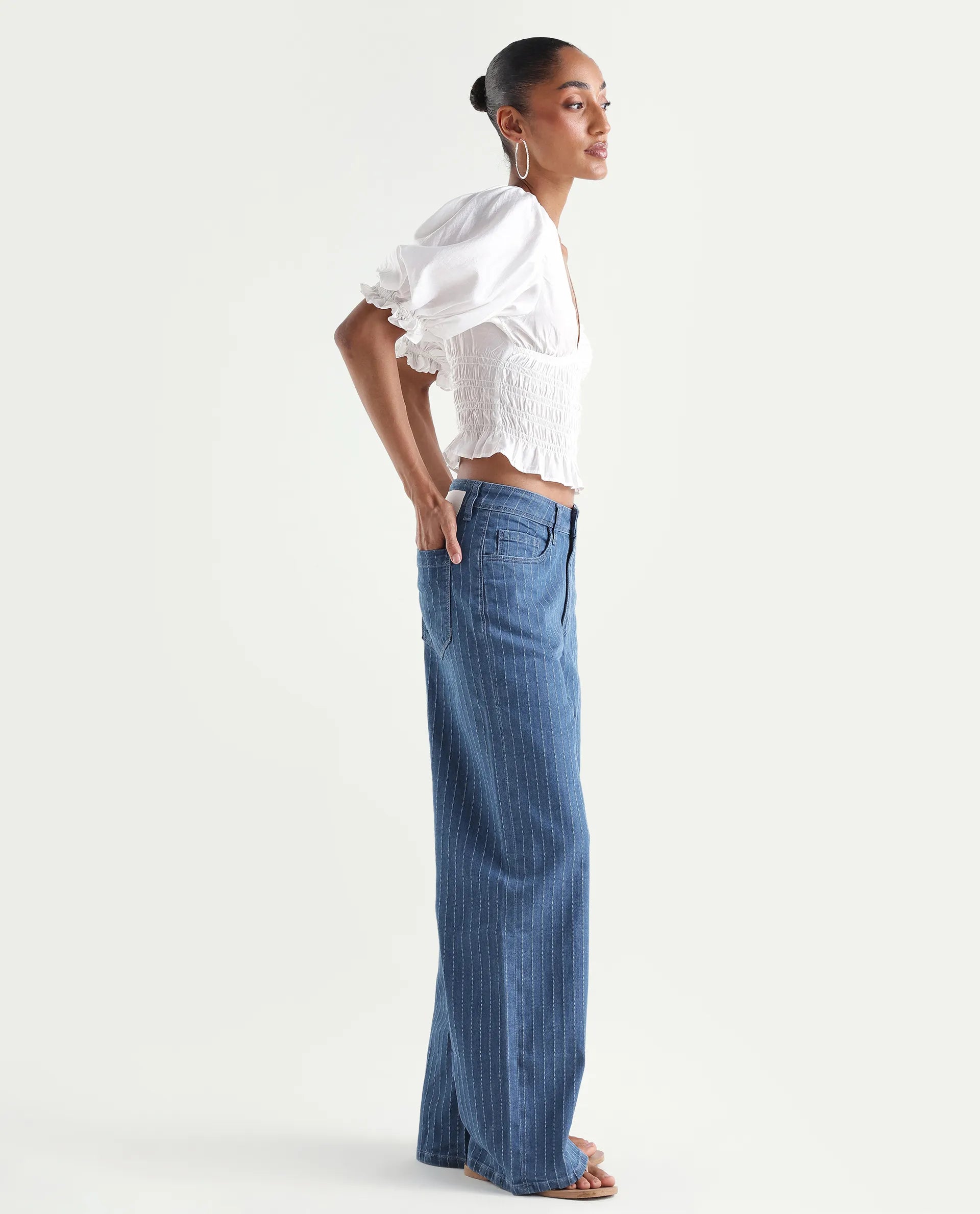 Rareism Women's Minik Blue Cotton Blend Striped Ankle Length Wide Jeans