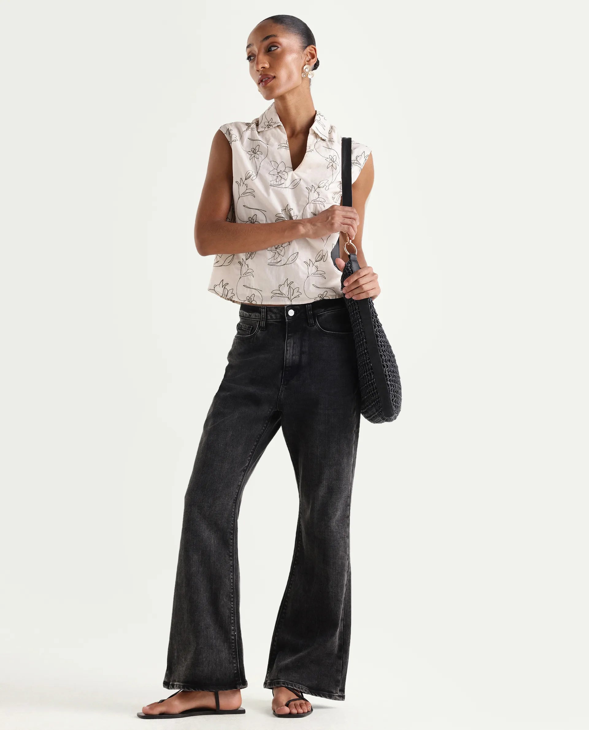 Rareism Women's Mica Black Cotton Blend Plain Ankle Length Bootcut Jeans