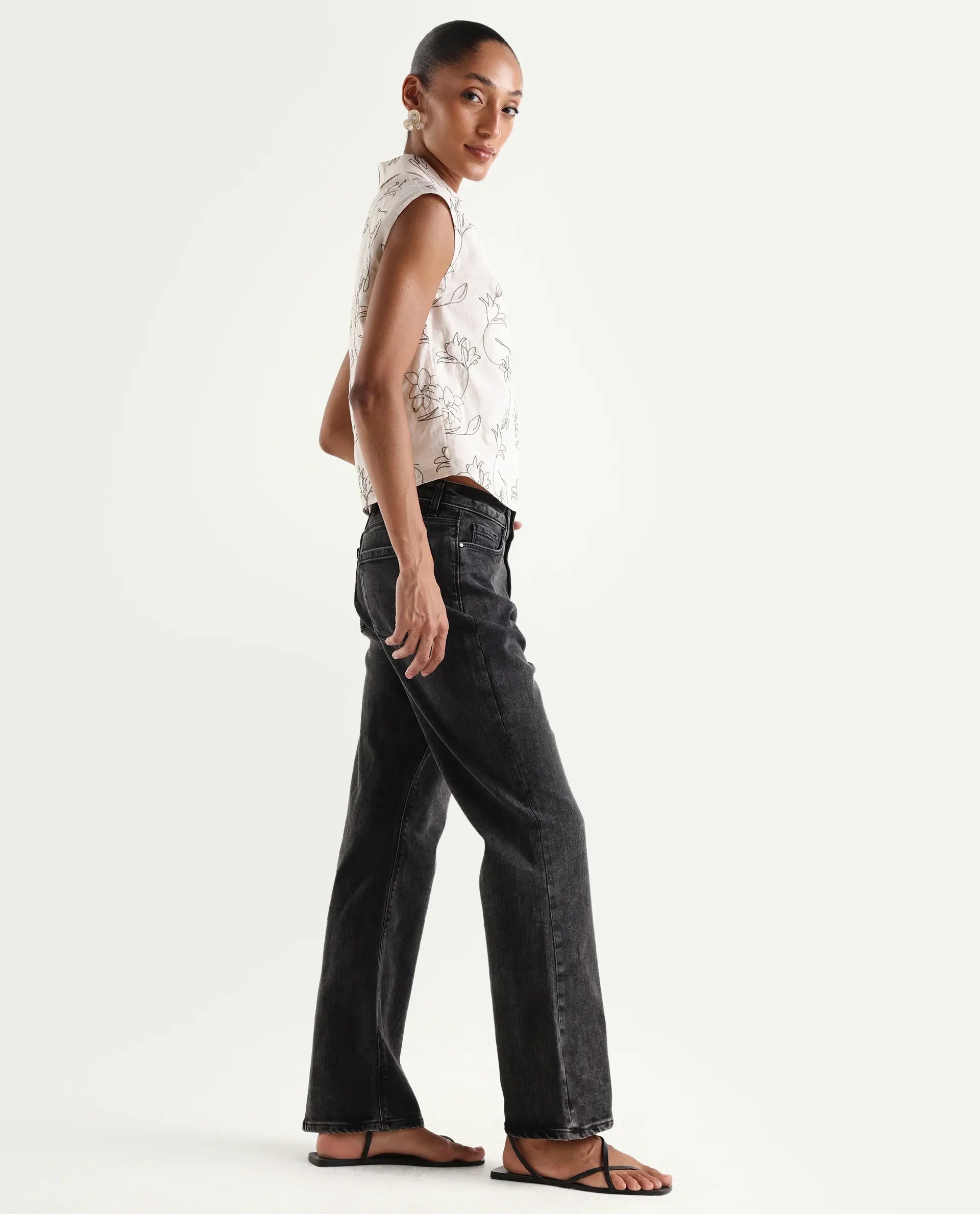 Rareism Women's Mica Black Cotton Blend Plain Ankle Length Bootcut Jeans