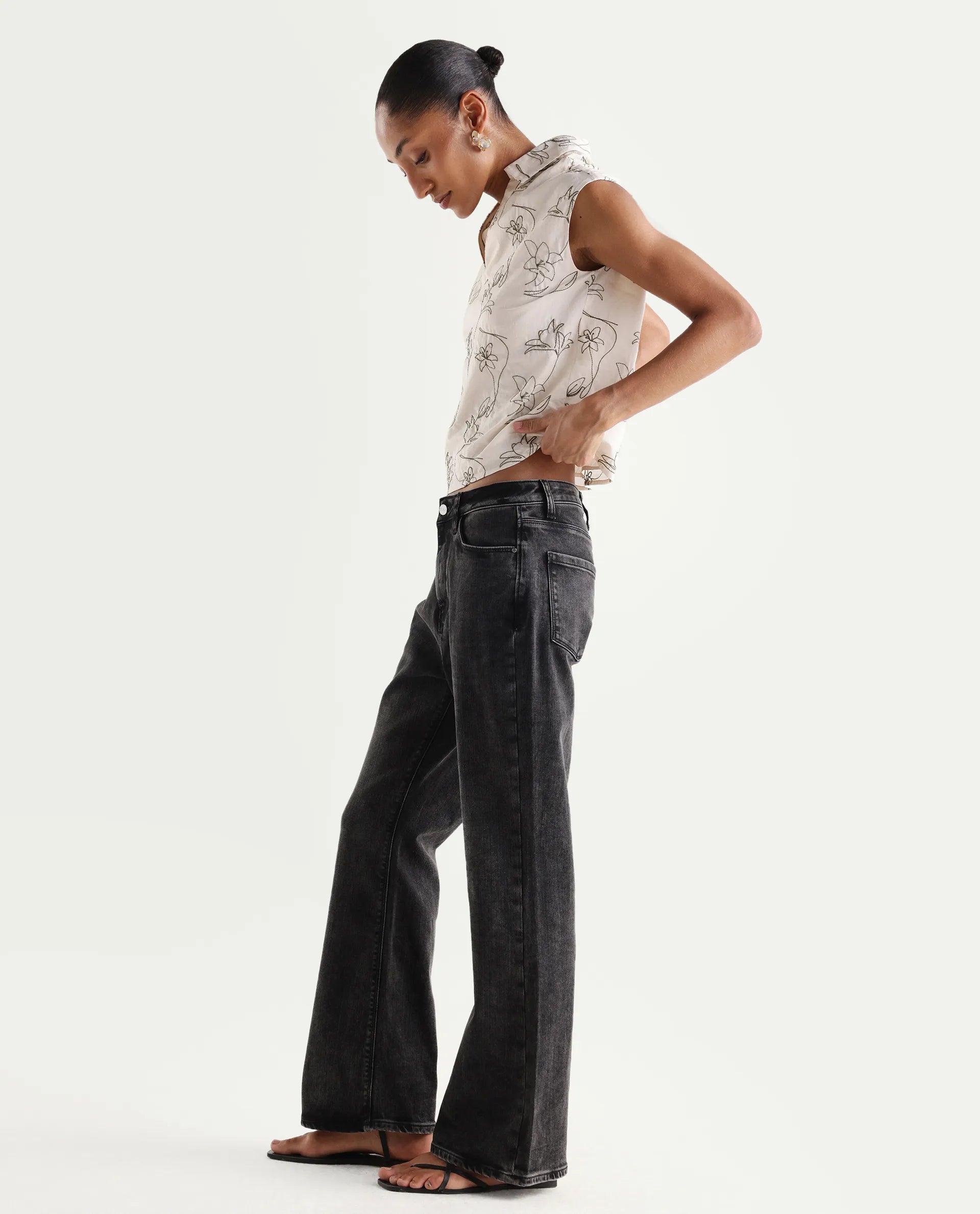 Rareism Women's Mica Black Cotton Blend Plain Ankle Length Bootcut Jeans