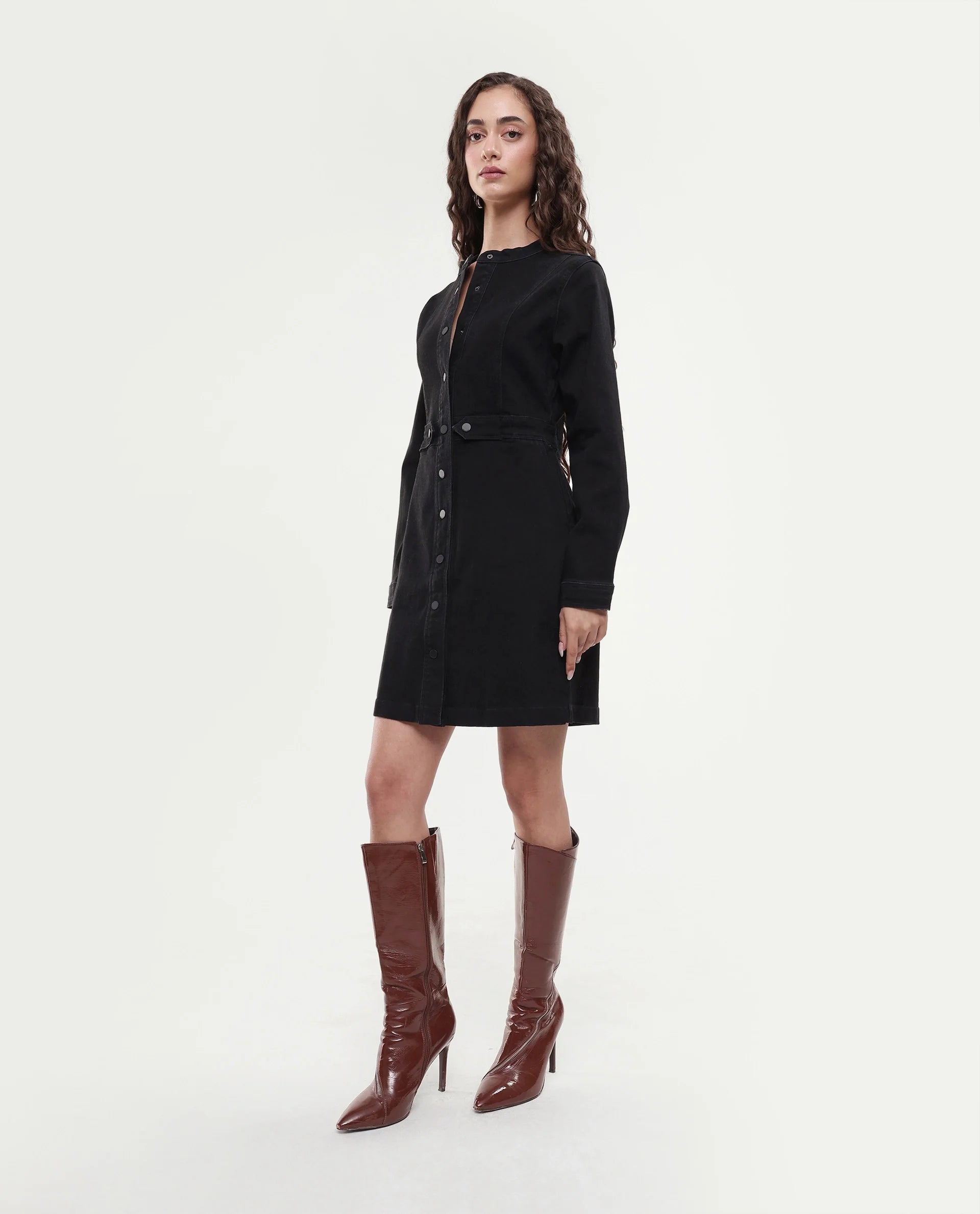 Rareism Women's Lizmi Black Cotton Blend High Neck Plain Cuffed Sleeve Mini Regular Fit Dress