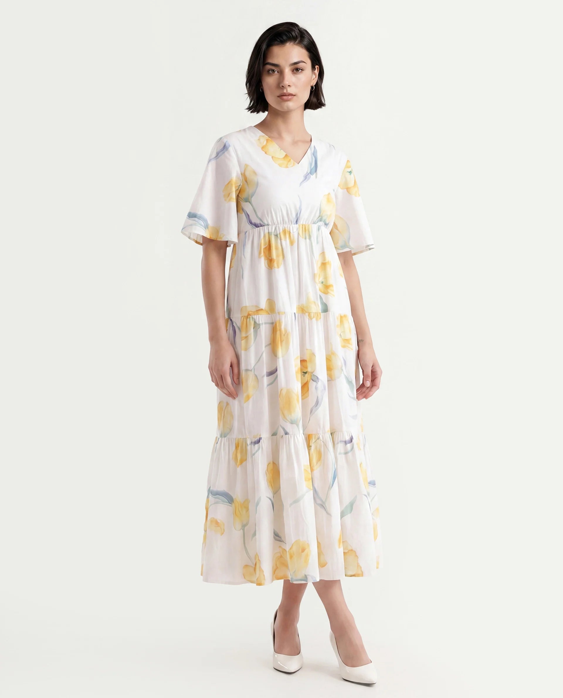 Rareism Women's Janpa Off White Cotton Overlap Neck Floral Print Ruffled Sleeve Maxi Fit And Flare Dress