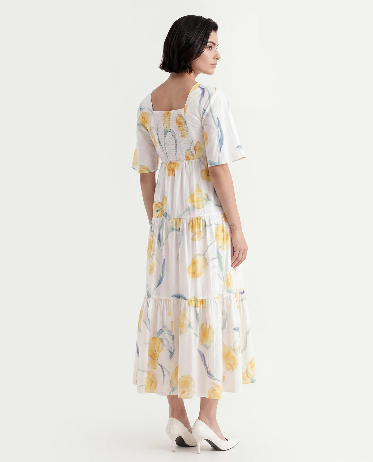 Rareism Women's Janpa Off White Cotton Overlap Neck Floral Print Ruffled Sleeve Maxi Fit And Flare Dress