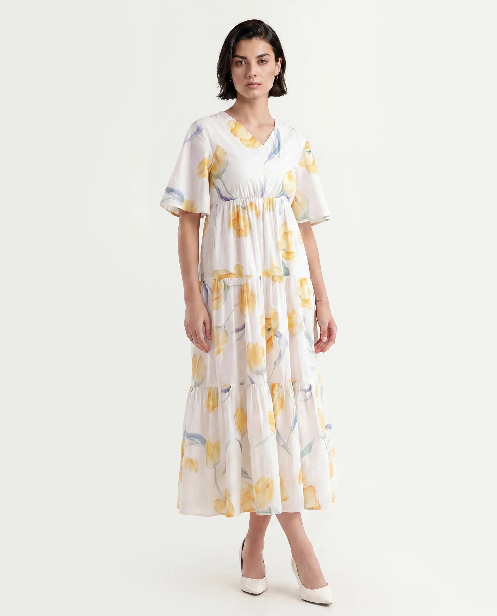 Rareism Women's Janpa Off White Cotton Overlap Neck Floral Print Ruffled Sleeve Maxi Fit And Flare Dress