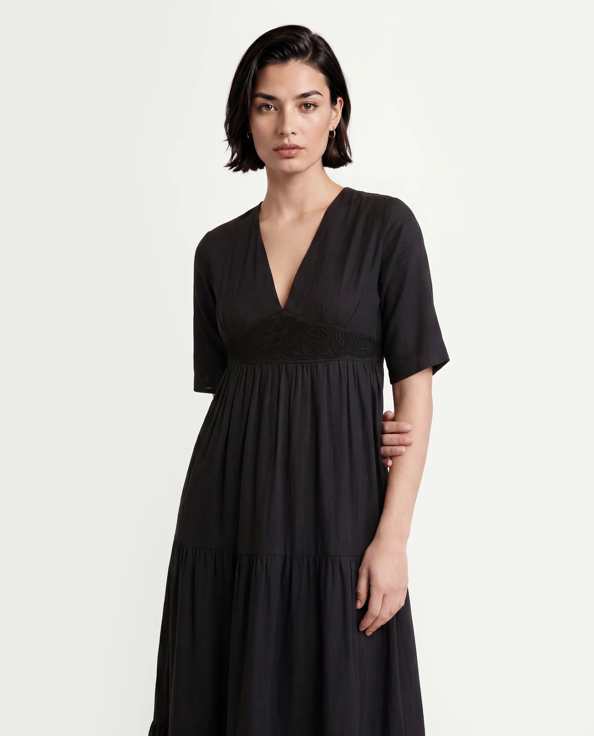 Rareism Women's Janyaka Black Viscose Blend V-Neck Plain Maxi Fit And Flare Dress