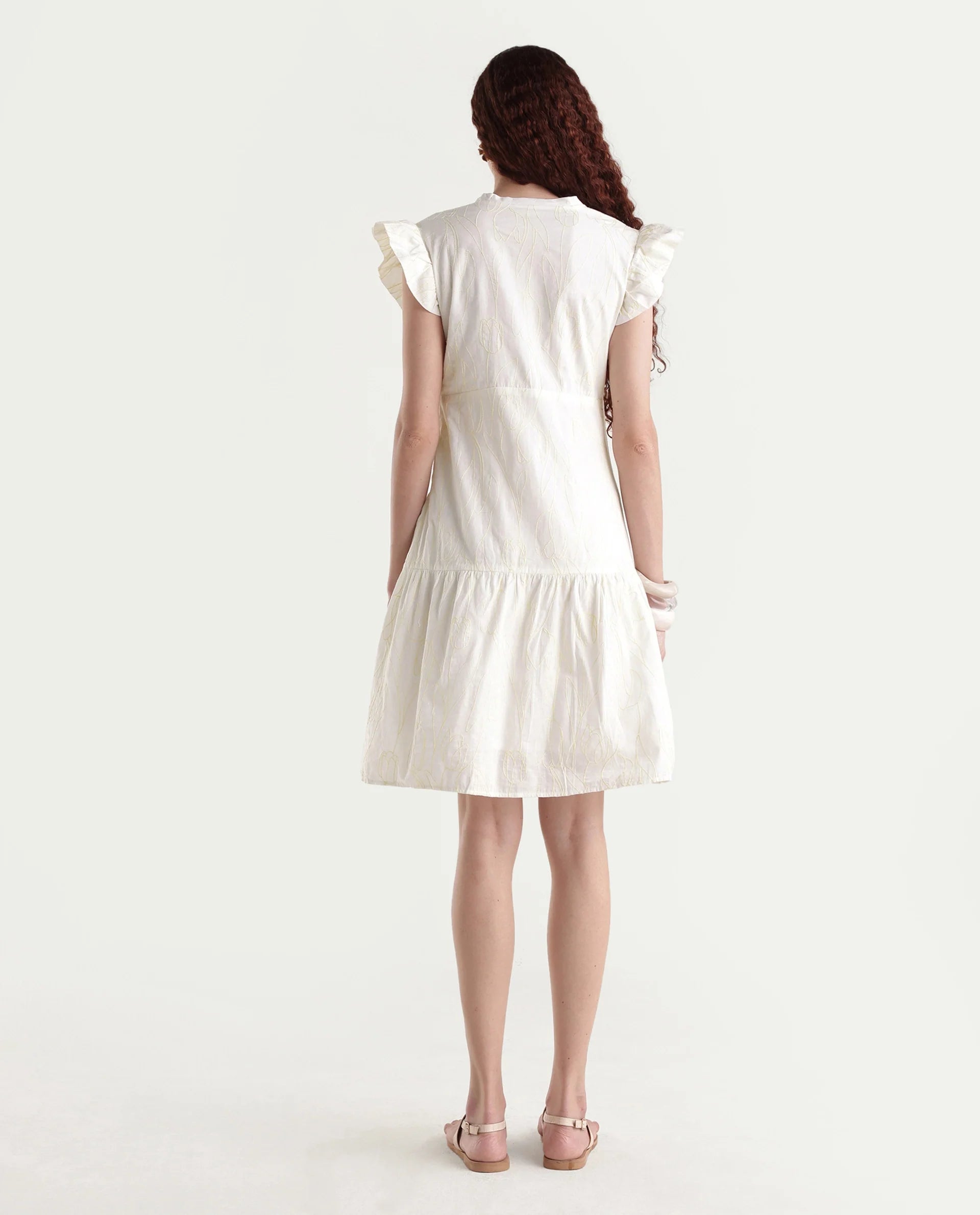 Rareism Women's Janarivi Off White Cotton V-Neck Embroidered Ruffled Sleeve Knee Length Fit And Flare Dress