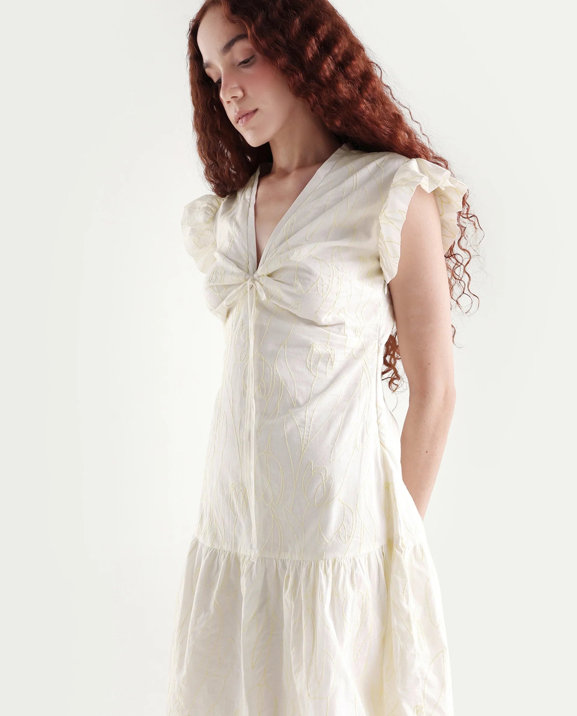 Rareism Women's Janarivi Off White Cotton V-Neck Embroidered Ruffled Sleeve Knee Length Fit And Flare Dress