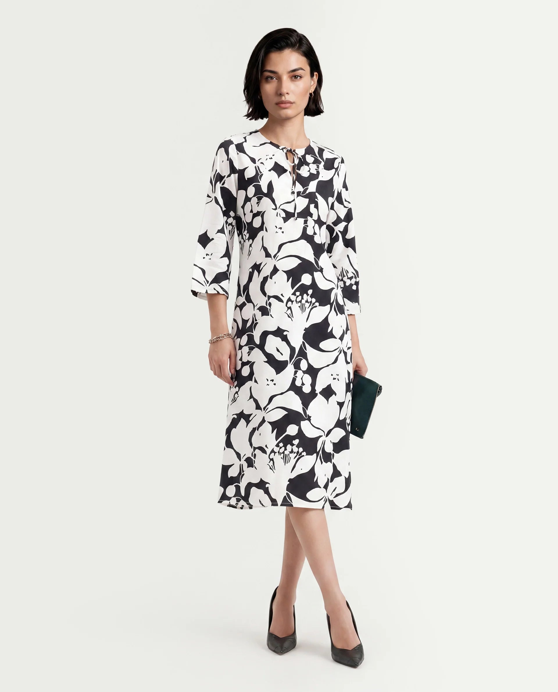 Rareism Women's Janzen Black Viscose Tie-Up Neck Floral Print Bell Sleeve Midi Straight Fit Dress