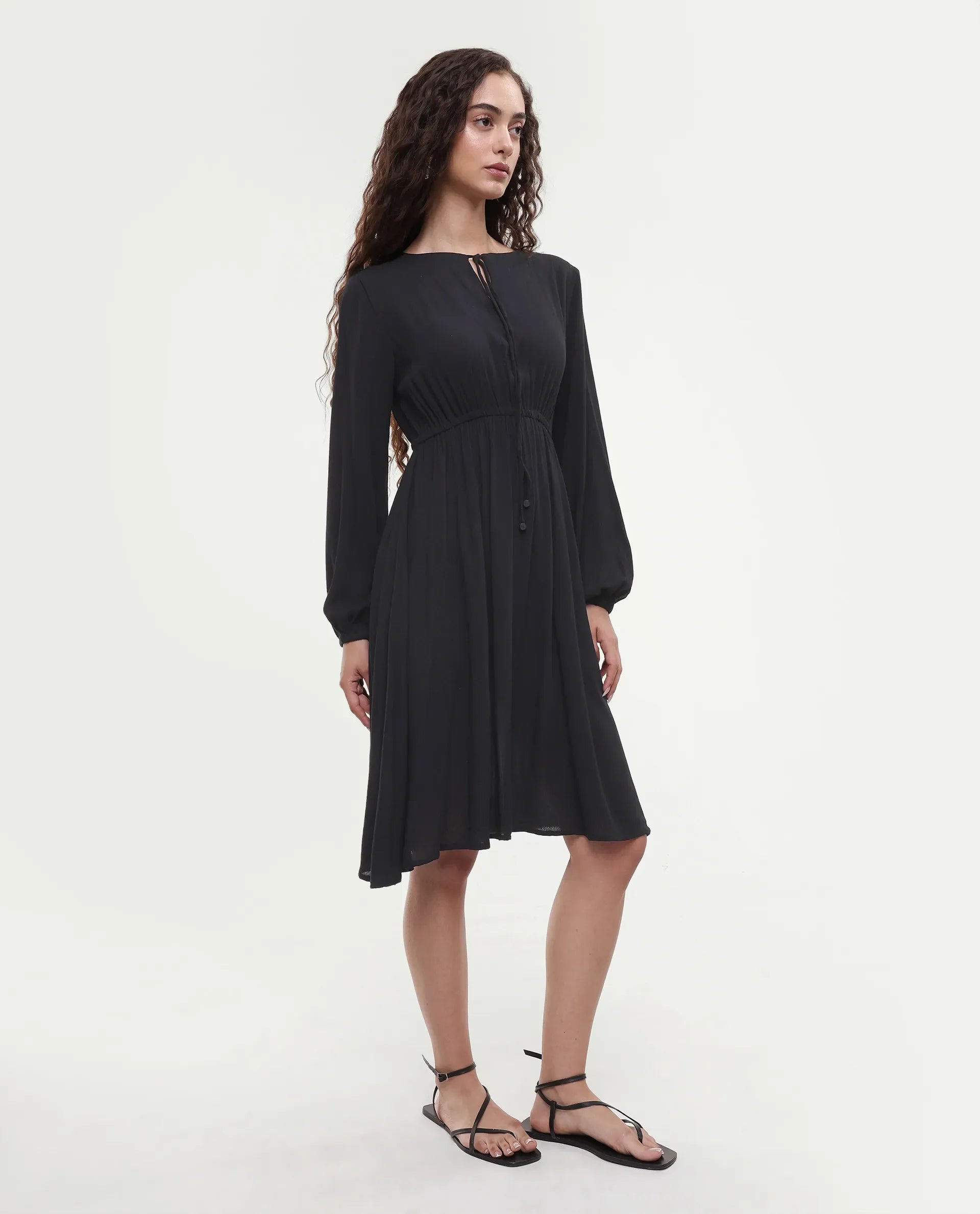 Rareism Women's Janog Black Cotton Tie-Up Neck Plain Bishop Sleeve Knee Length Fit And Flare Dress