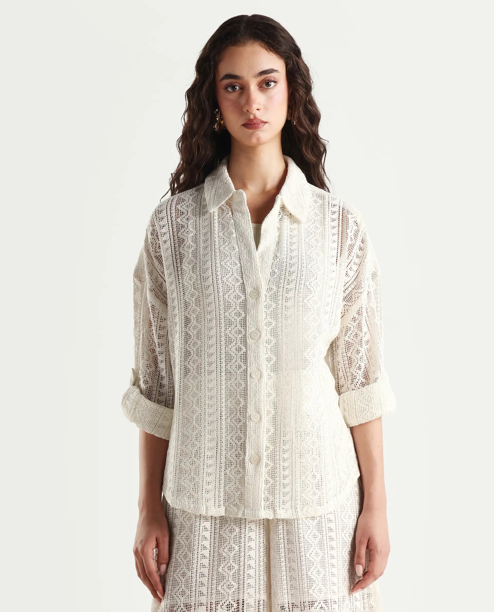 Rareism Women's Jancodam-T White Cotton Spread Collar Plain Cuffed Sleeve Relaxed Fit Shirt