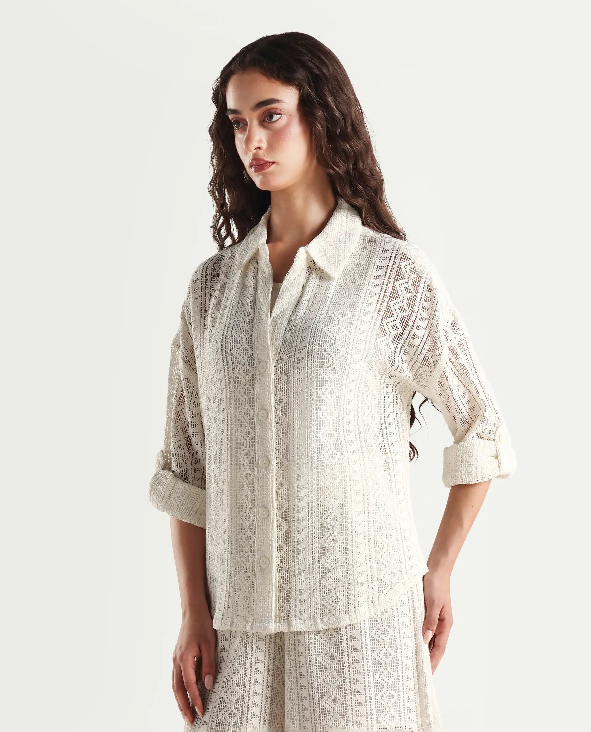 Rareism Women's Jancodam-T White Cotton Spread Collar Plain Cuffed Sleeve Relaxed Fit Shirt