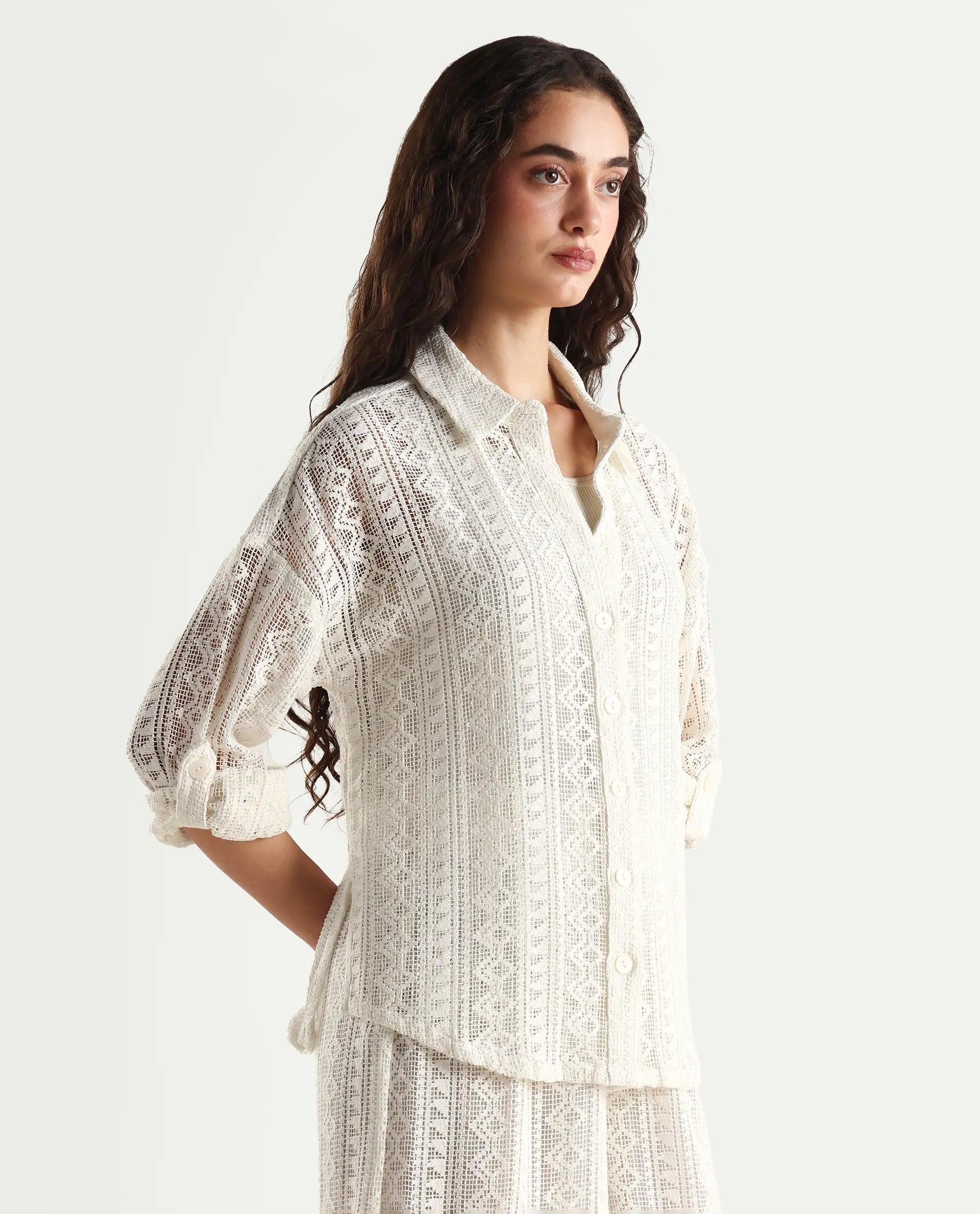 Rareism Women's Jancodam-T White Cotton Spread Collar Plain Cuffed Sleeve Relaxed Fit Shirt