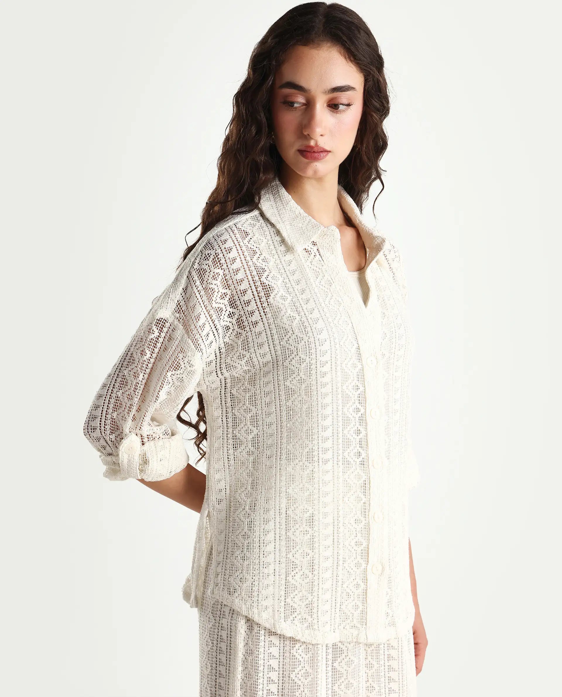 Rareism Women's Jancodam-T White Cotton Spread Collar Plain Cuffed Sleeve Relaxed Fit Shirt