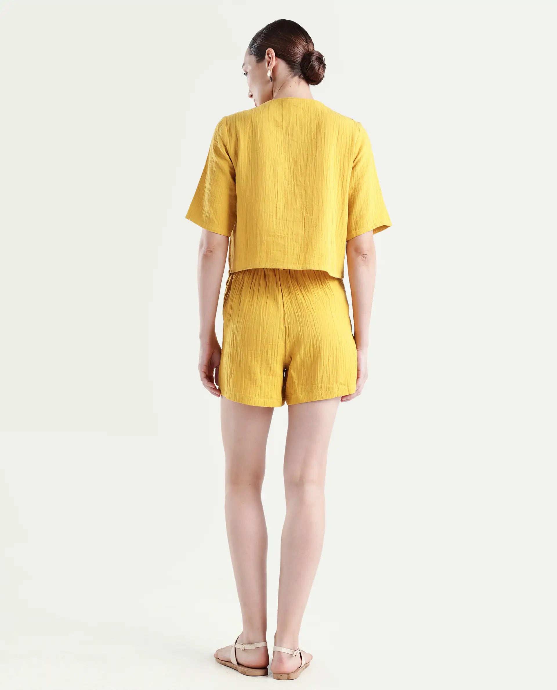 Rareism Women's Jandren B Mustard Cotton Plain Mini Regular Fit Shorts