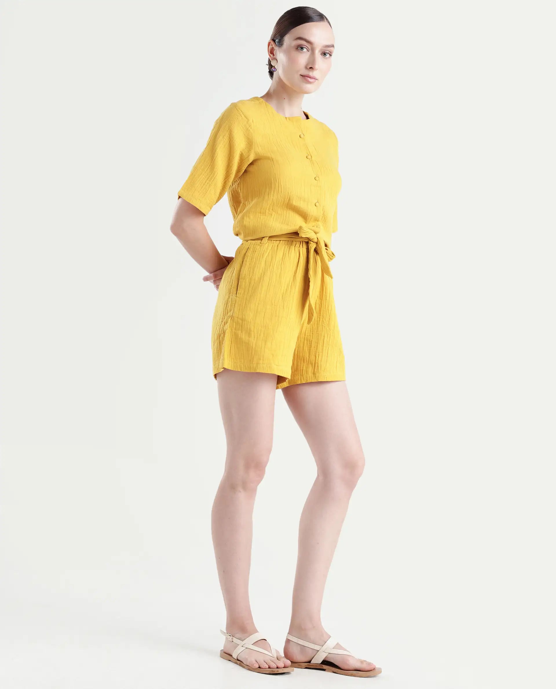 Rareism Women's Jandren B Mustard Cotton Plain Mini Regular Fit Shorts