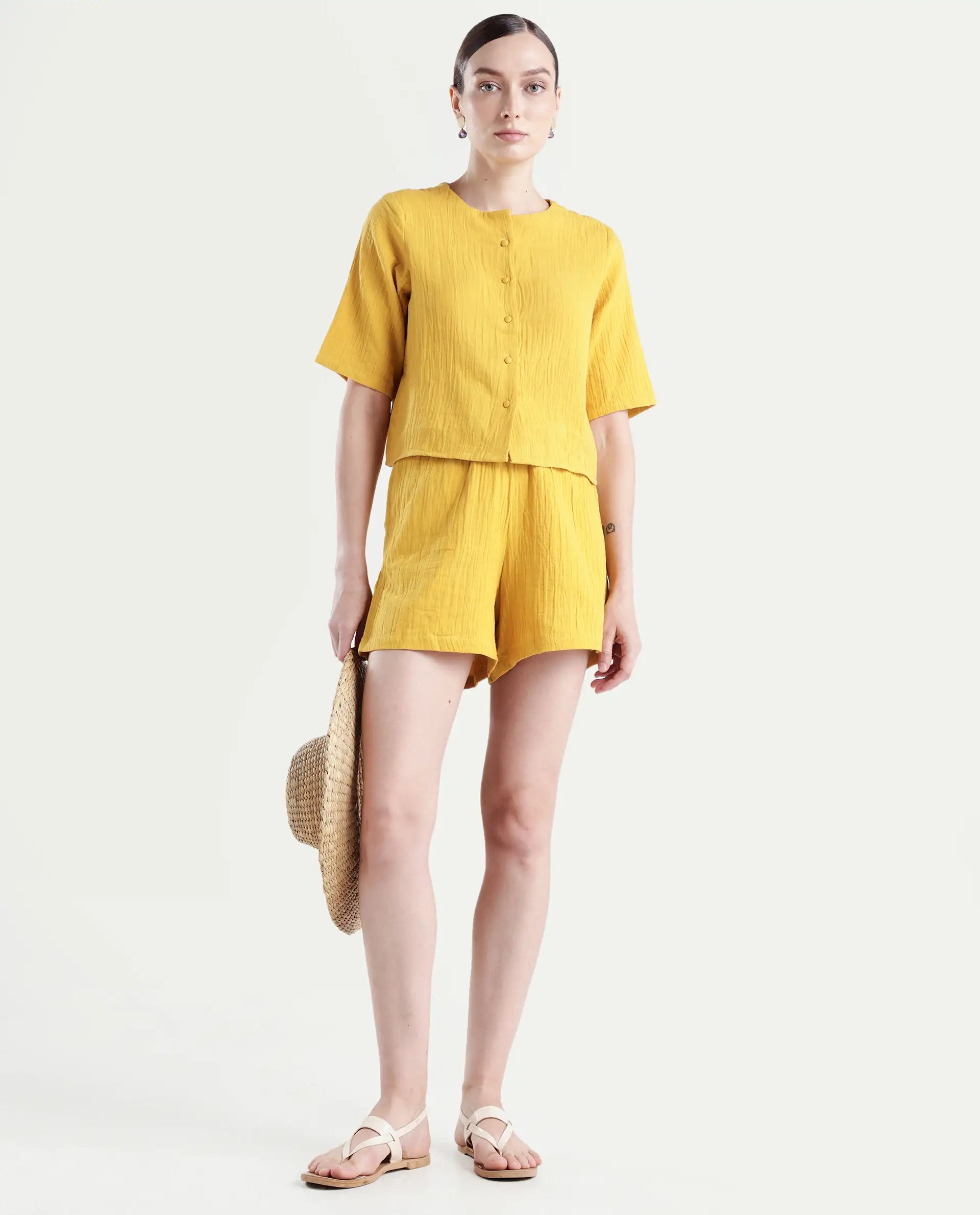 Rareism Women's Jandren B Mustard Cotton Plain Mini Regular Fit Shorts