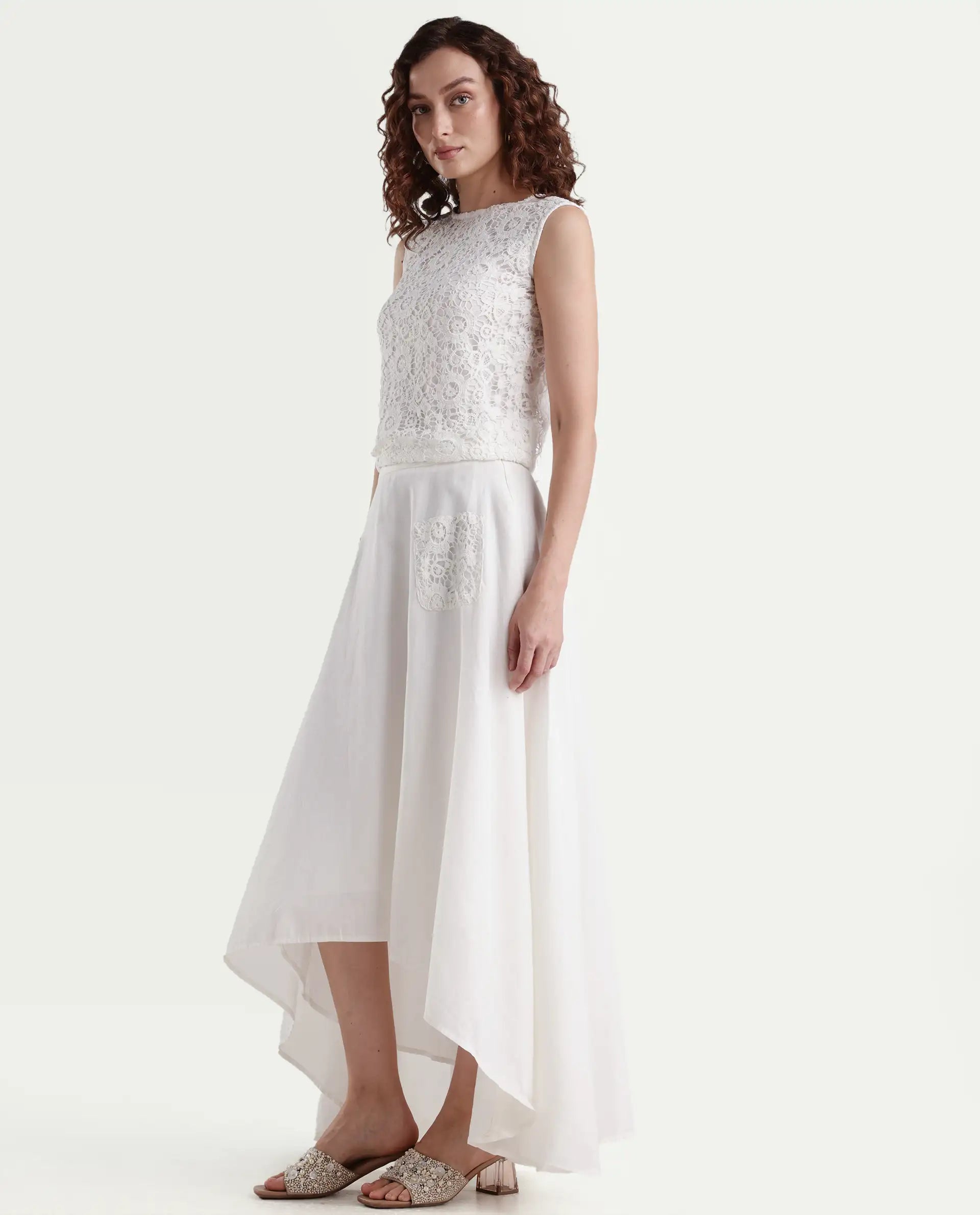 Rareism Women's Janlom B Off White Cotton Plain Ankle Length A-Line Skirt