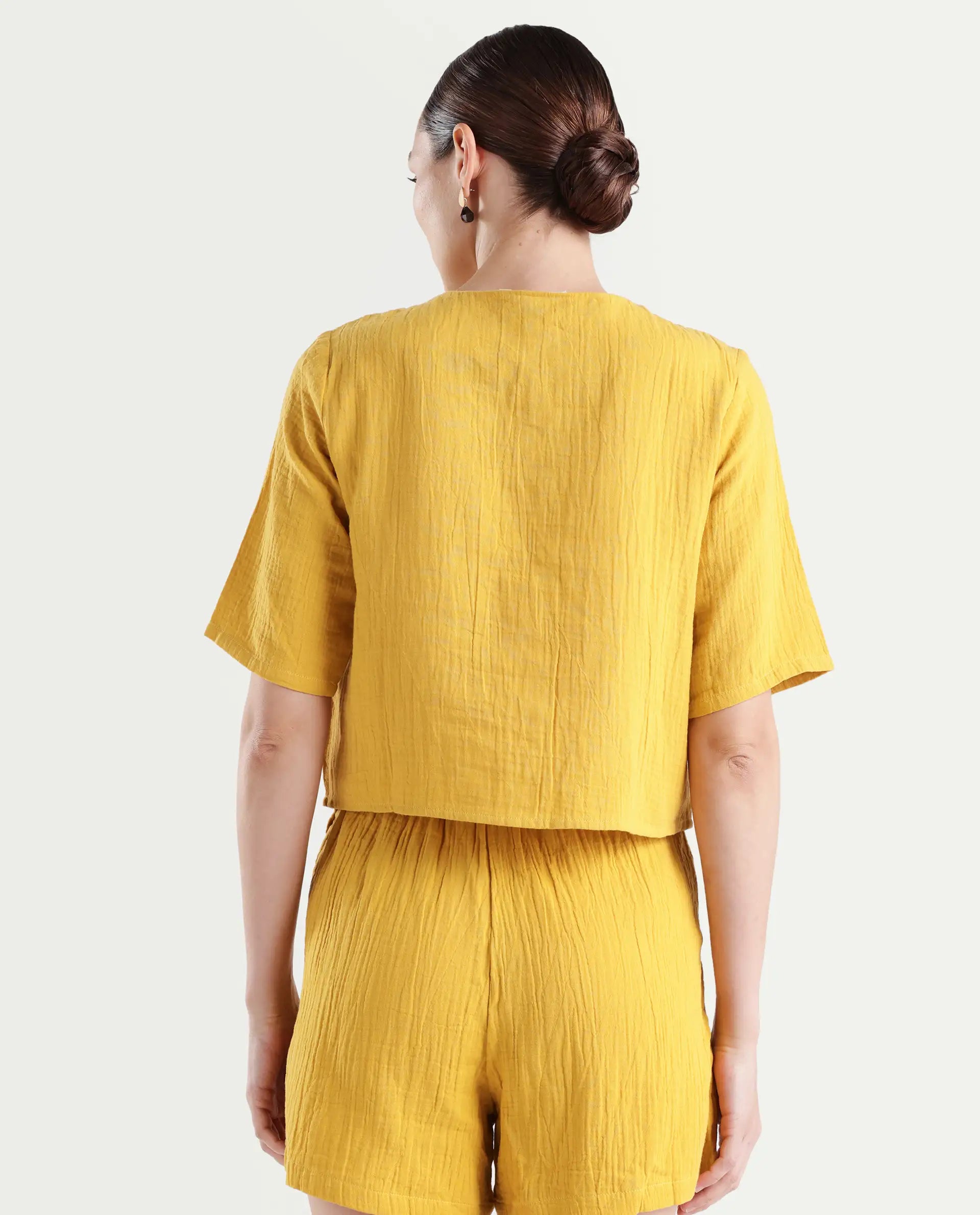 Rareism Women's Jandren T Mustard Cotton Round Neck Plain Relaxed Fit Top