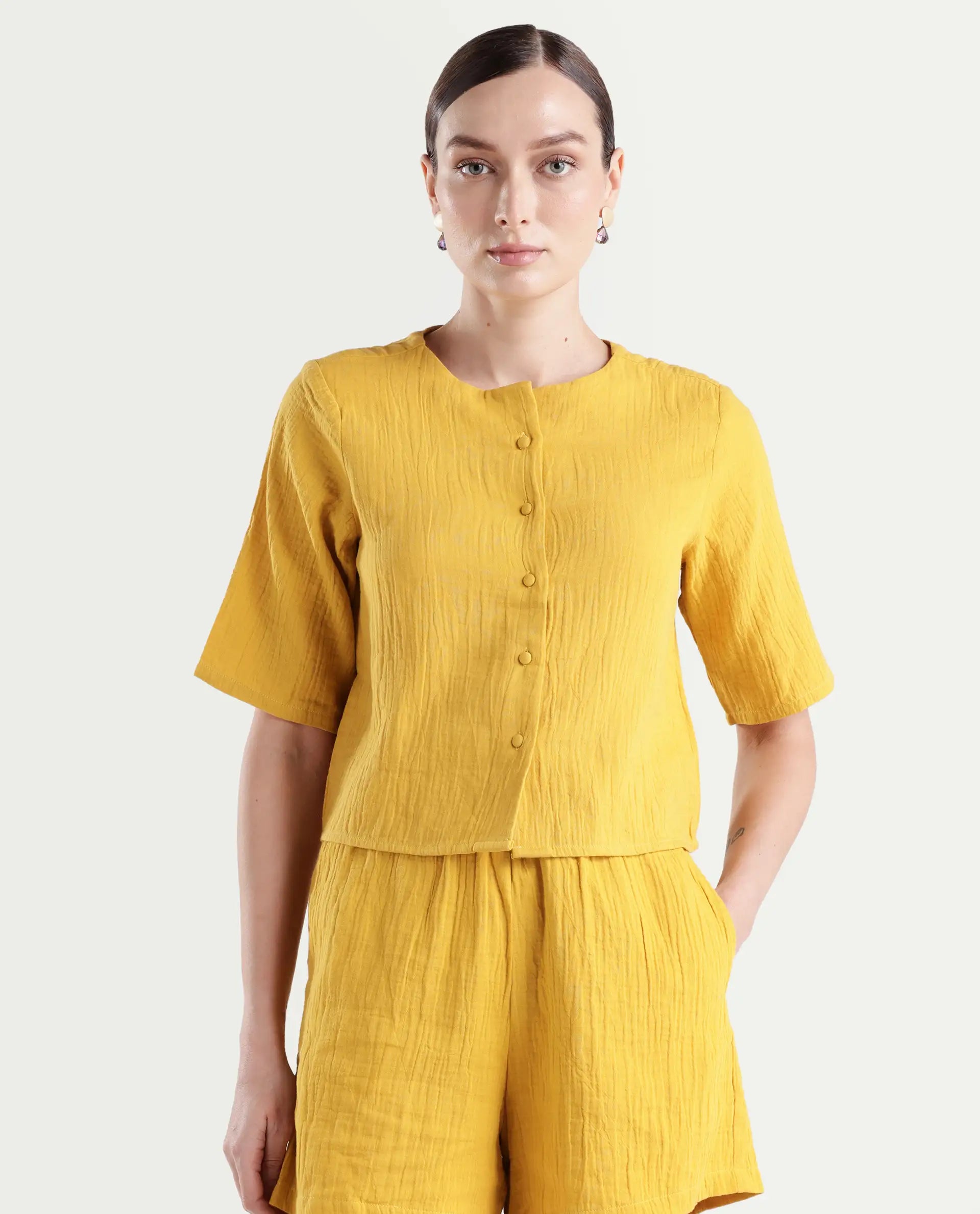 Rareism Women's Jandren T Mustard Cotton Round Neck Plain Relaxed Fit Top