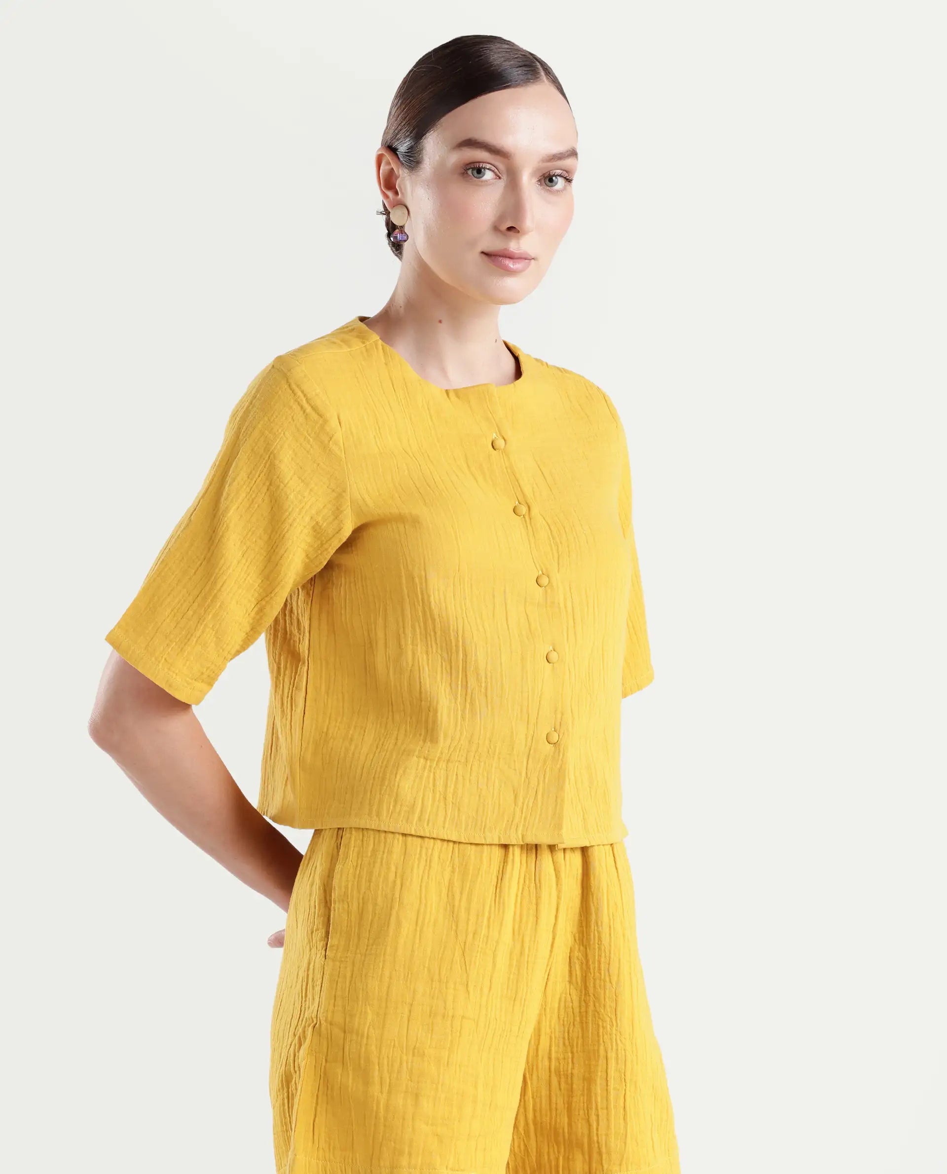 Rareism Women's Jandren T Mustard Cotton Round Neck Plain Relaxed Fit Top