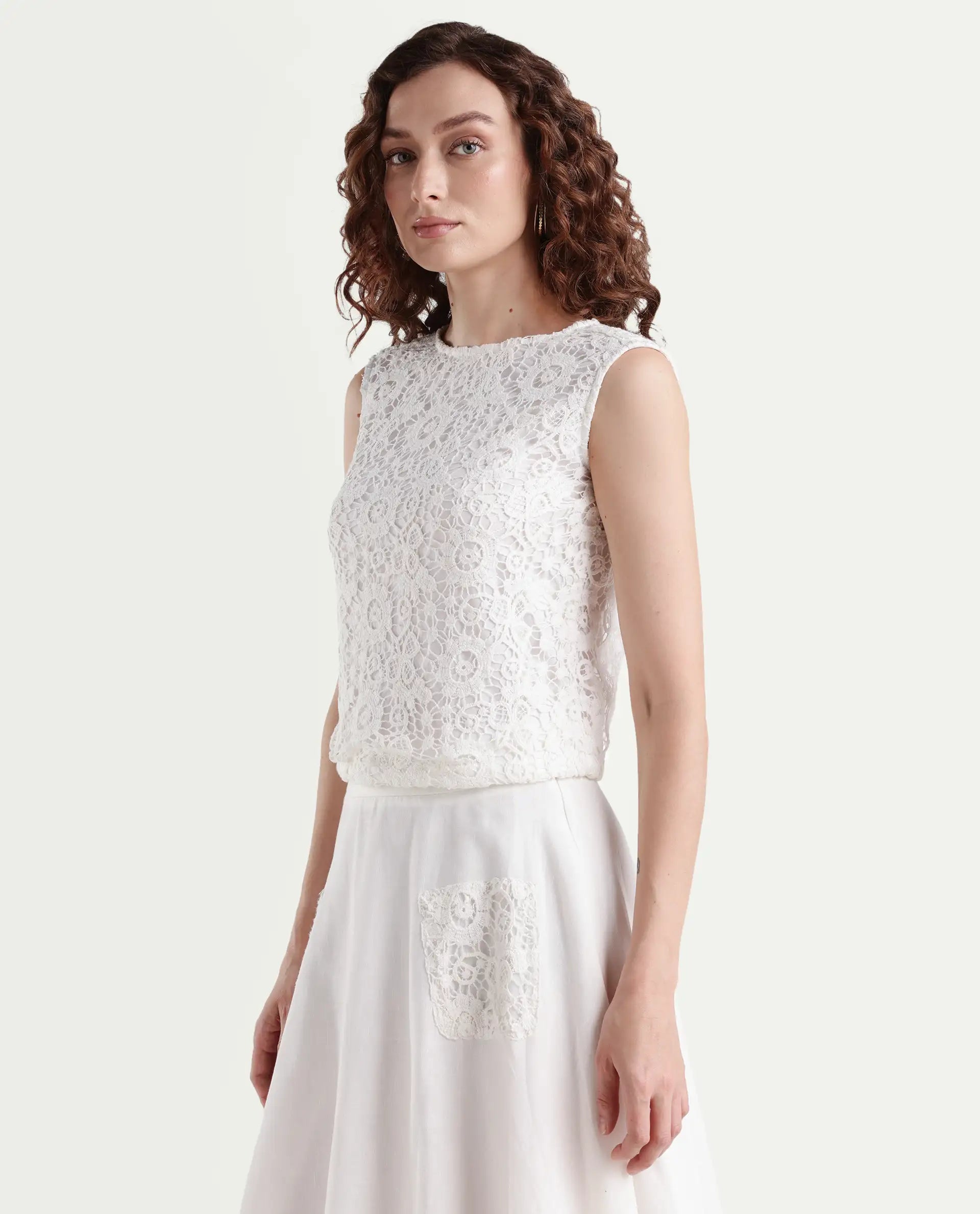 Rareism Women's Janlom T White Cotton Round Neck Abstract Print Sleeveless Crop Boxy Fit Top