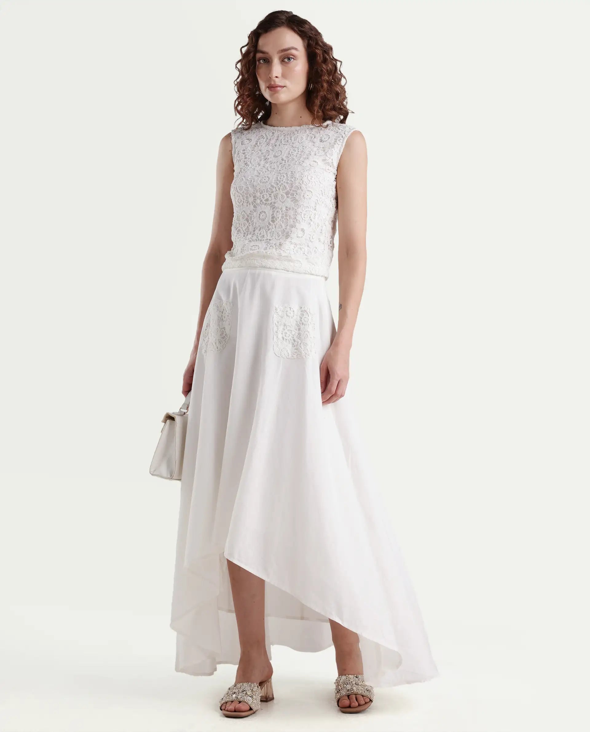 Rareism Women's Janlom T White Cotton Round Neck Abstract Print Sleeveless Crop Boxy Fit Top