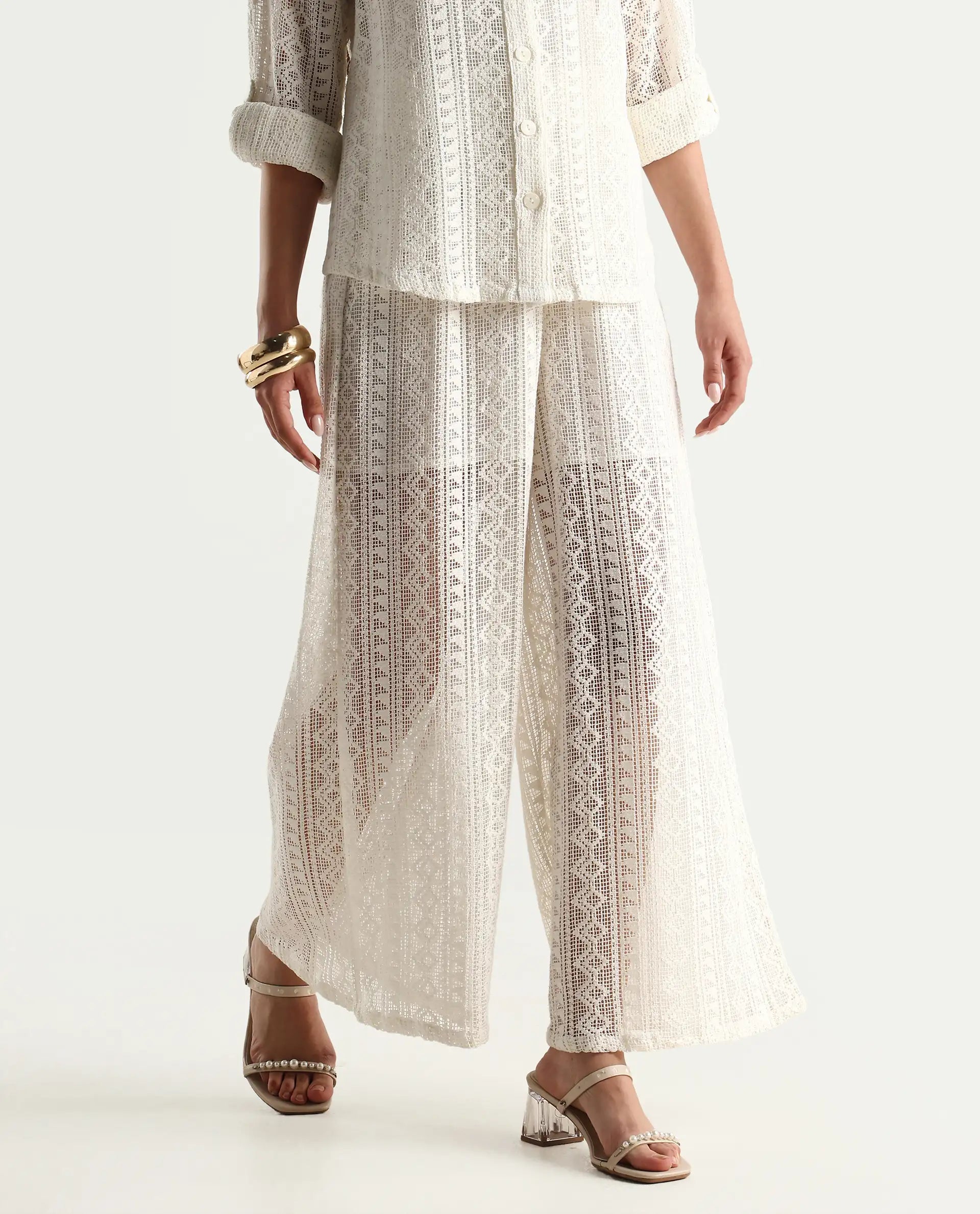 Rareism Women's Jancodam-B Beige Cotton Plain Ankle Length Wide Trouser