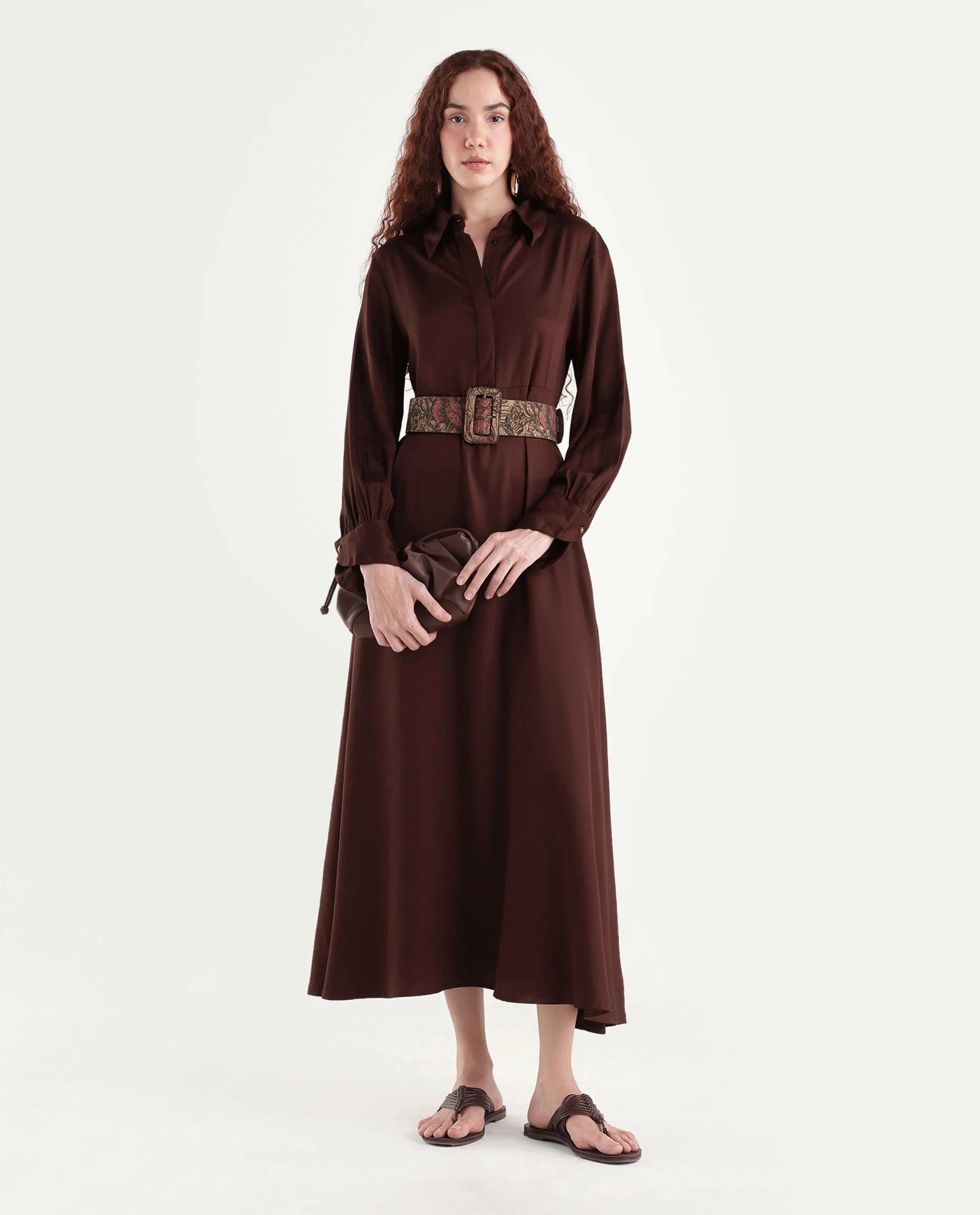 Rareism Women's Ronae Brown Viscose Spread Collar Plain Cuffed Sleeve Maxi Flared Dress