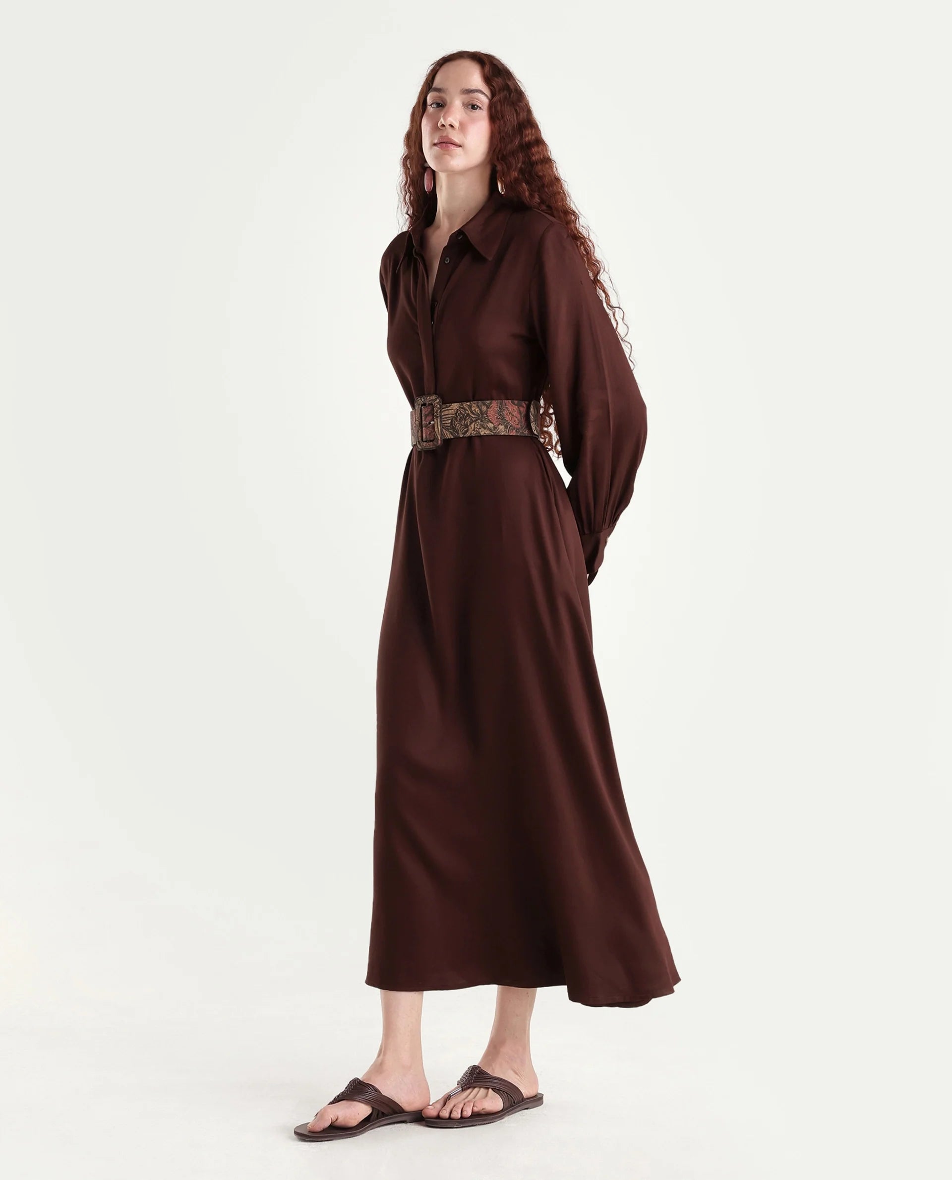 Rareism Women's Ronae Brown Viscose Spread Collar Plain Cuffed Sleeve Maxi Flared Dress