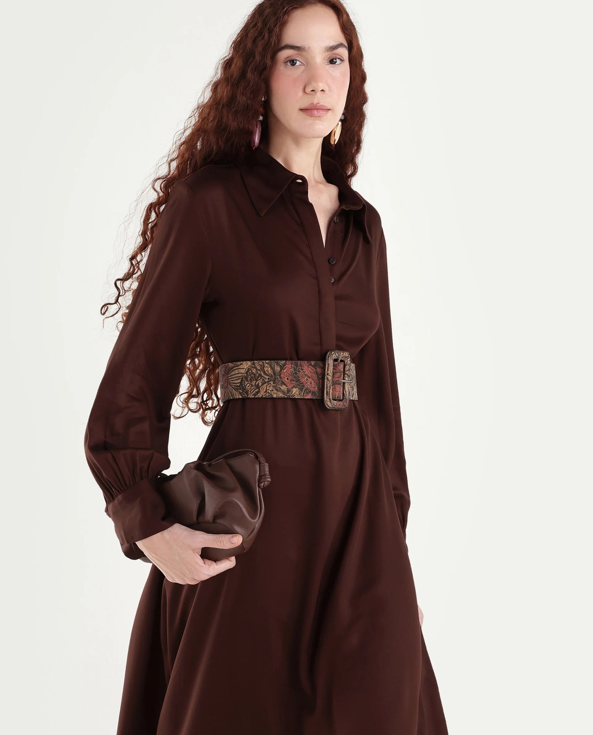 Rareism Women's Ronae Brown Viscose Spread Collar Plain Cuffed Sleeve Maxi Flared Dress