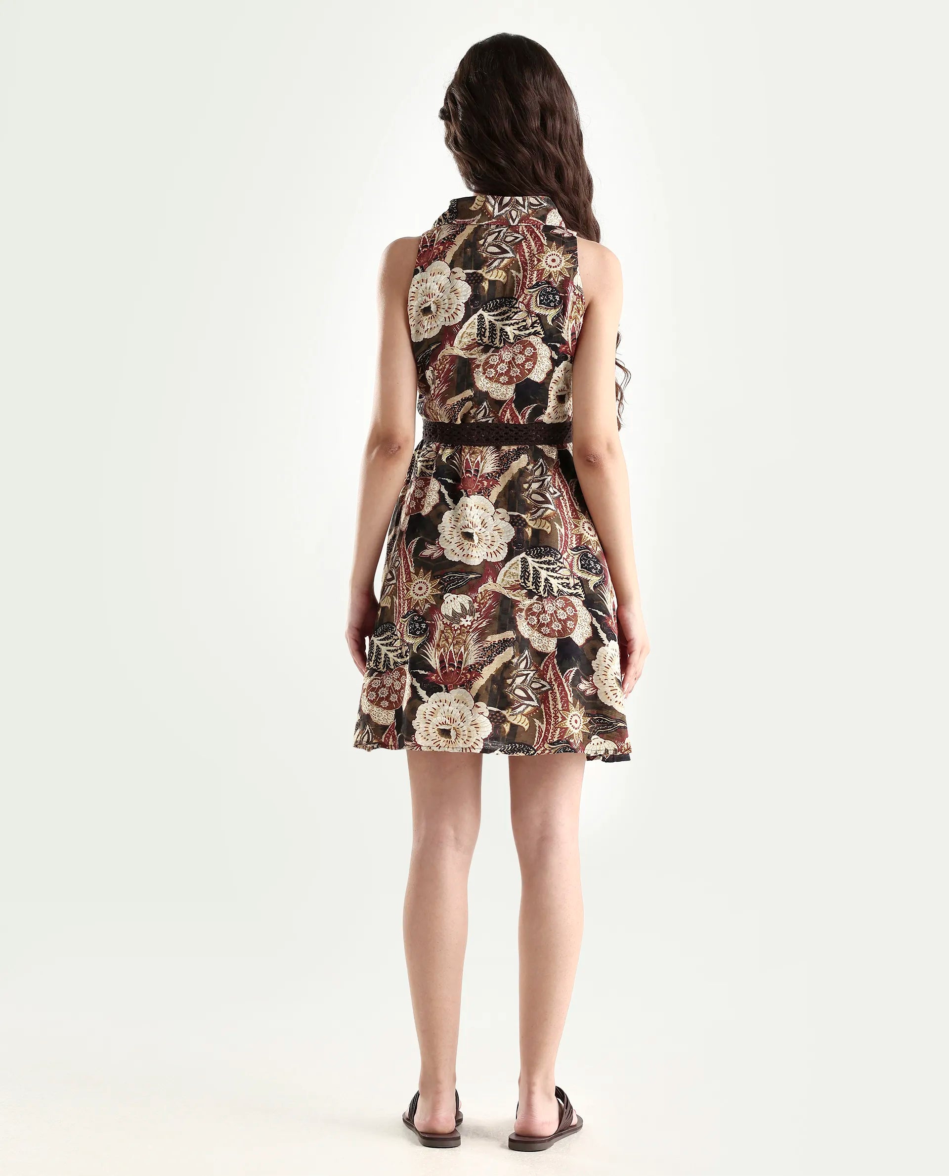 Rareism Women's Ronaf Brown Cotton Spread Collar Abstract Print Sleeveless Maxi Flared Dress