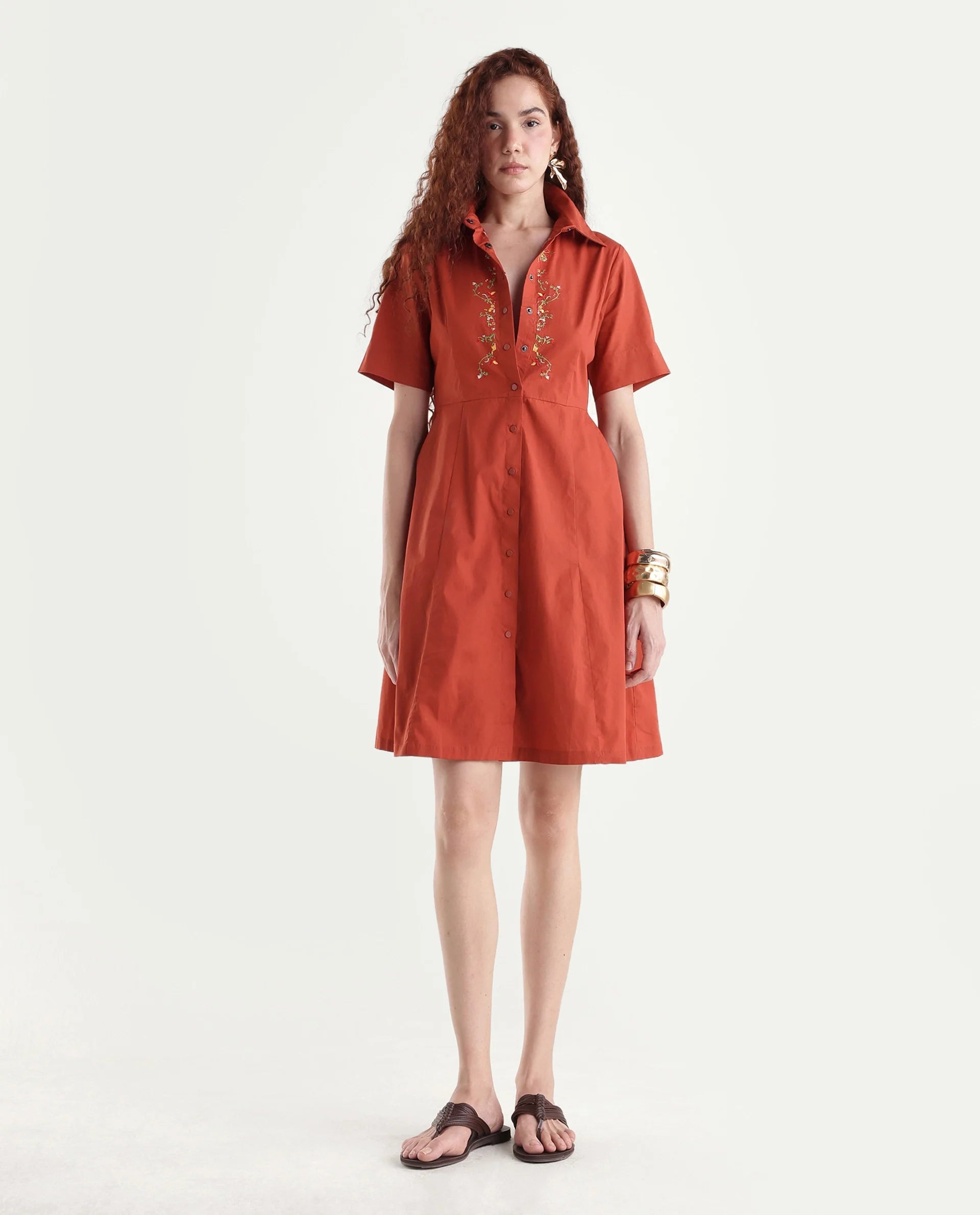 Rareism Women's Ronaj Rust Cotton Spread Collar Plain Knee Length Fit And Flare Dress