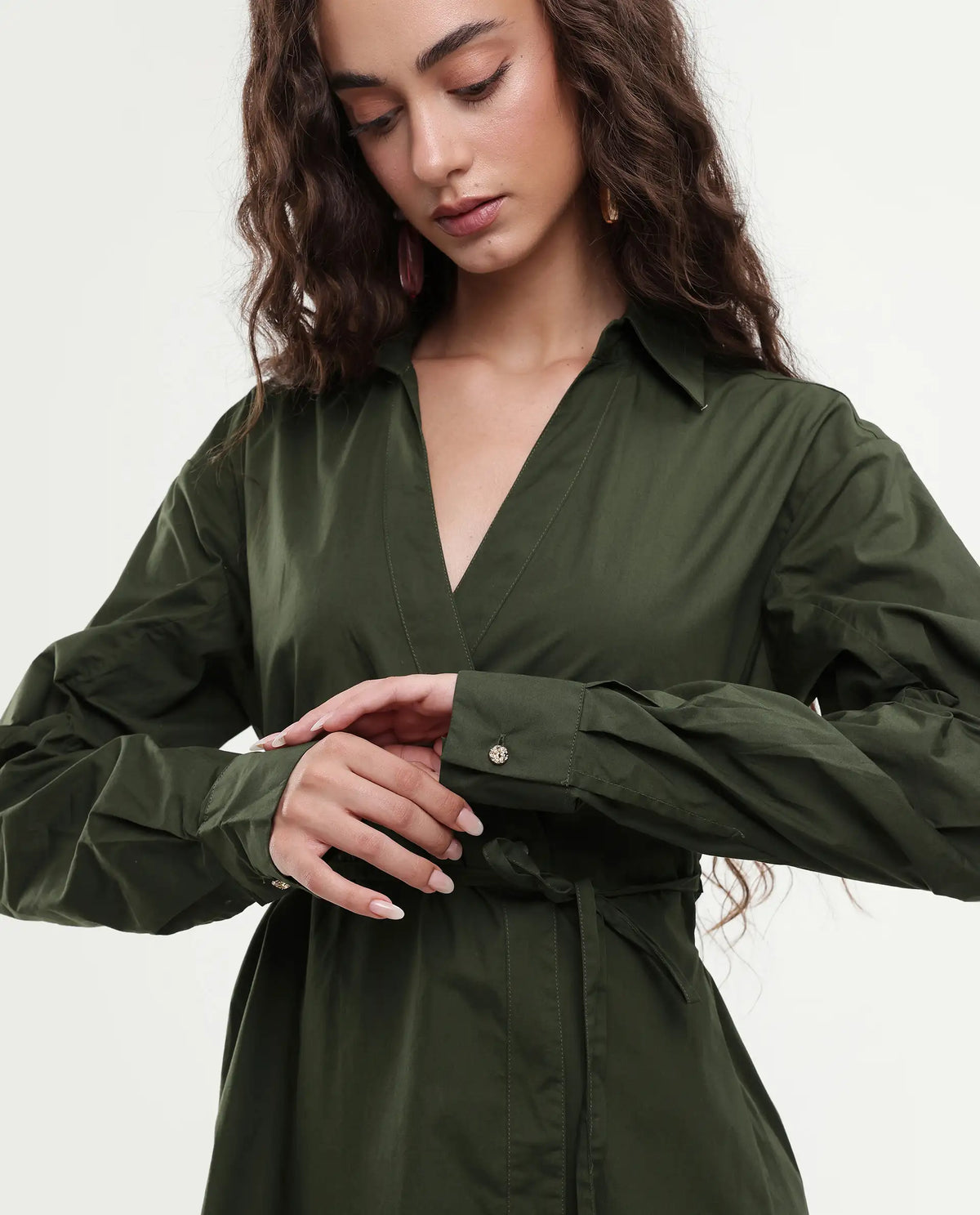 Rareism Women's Ronal Dark Olive Cotton Spread Collar Plain Cuffed Sleeve Knee Length A-Line Dress