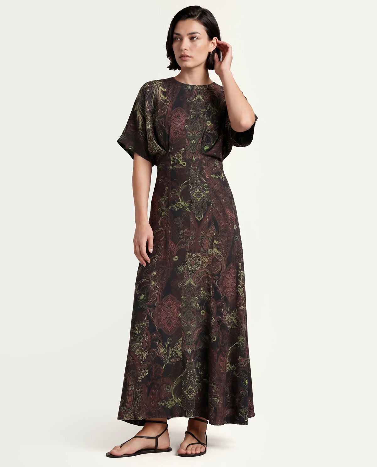 Rareism Women's Ronam Dark Multi Viscose Round Neck Paisley Print Kimono Sleeve Maxi Flared Dress