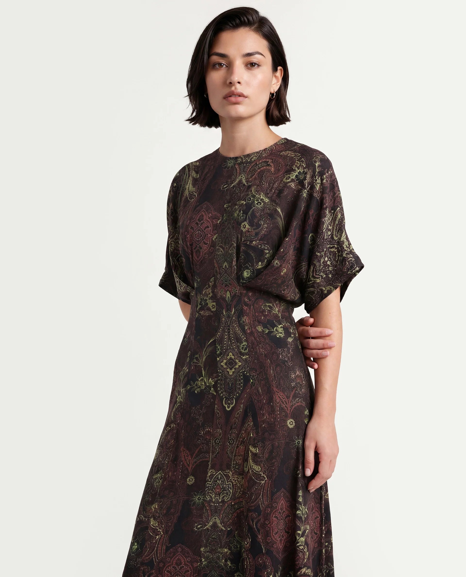Rareism Women's Ronam Dark Multi Viscose Round Neck Paisley Print Kimono Sleeve Maxi Flared Dress