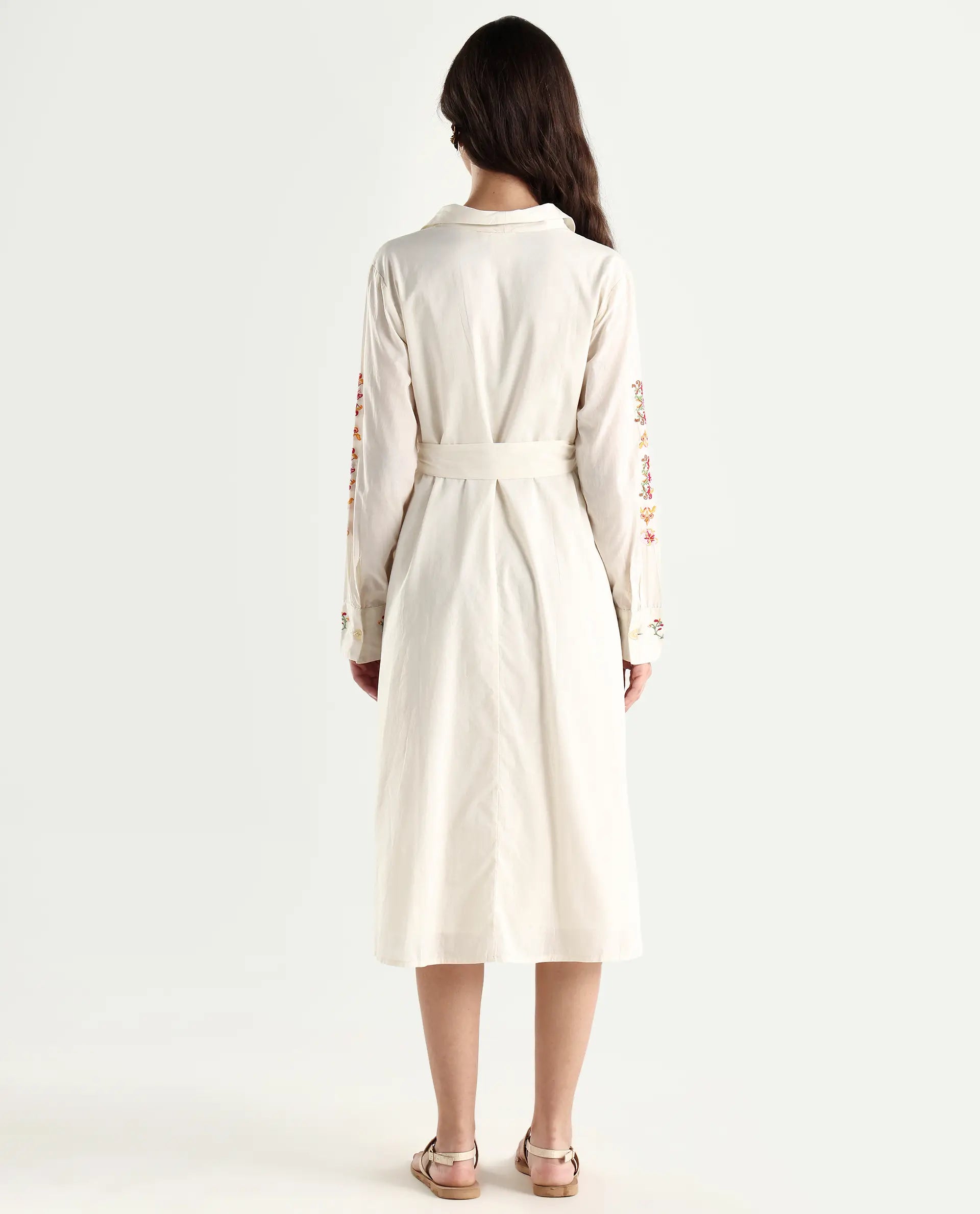 Rareism Women's Ronaq Off White Cotton Spread Collar Plain Cuffed Sleeve Midi A-Line Dress