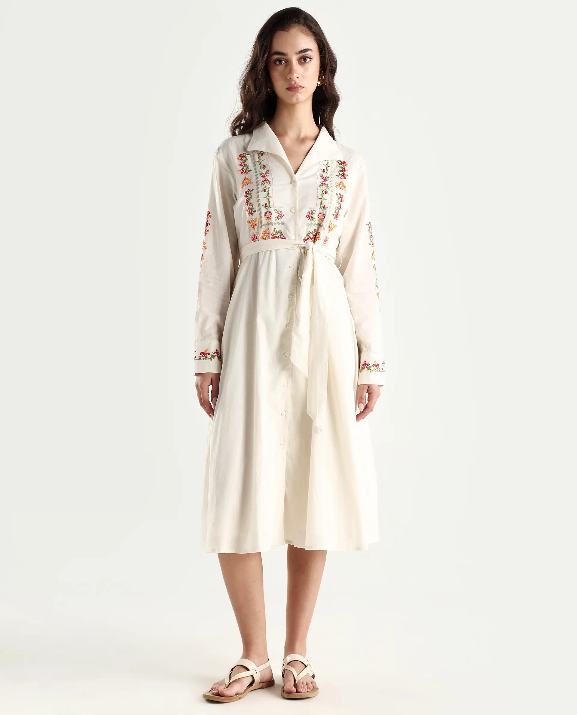 Rareism Women's Ronaq Off White Cotton Spread Collar Plain Cuffed Sleeve Midi A-Line Dress