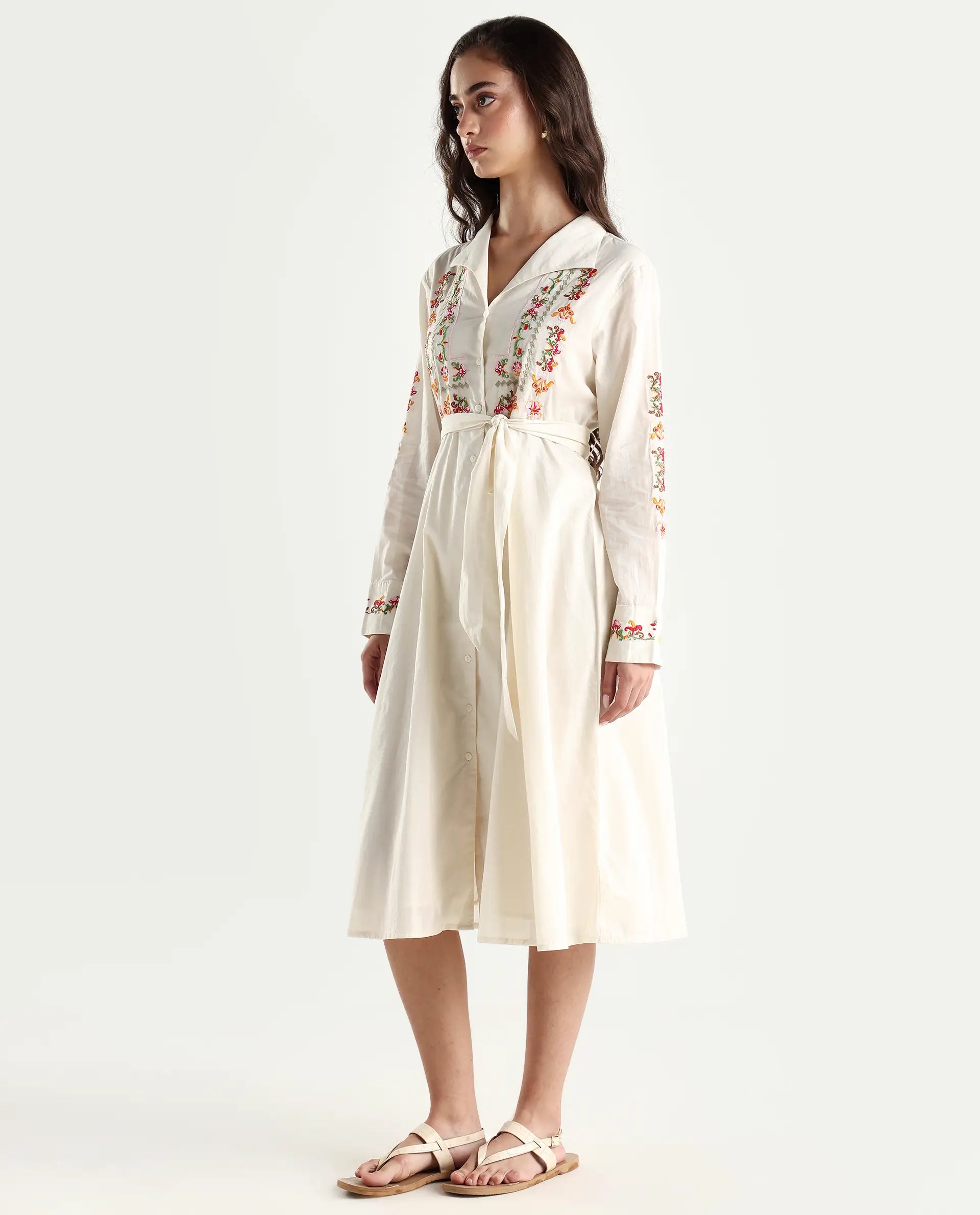 Rareism Women's Ronaq Off White Cotton Spread Collar Plain Cuffed Sleeve Midi A-Line Dress