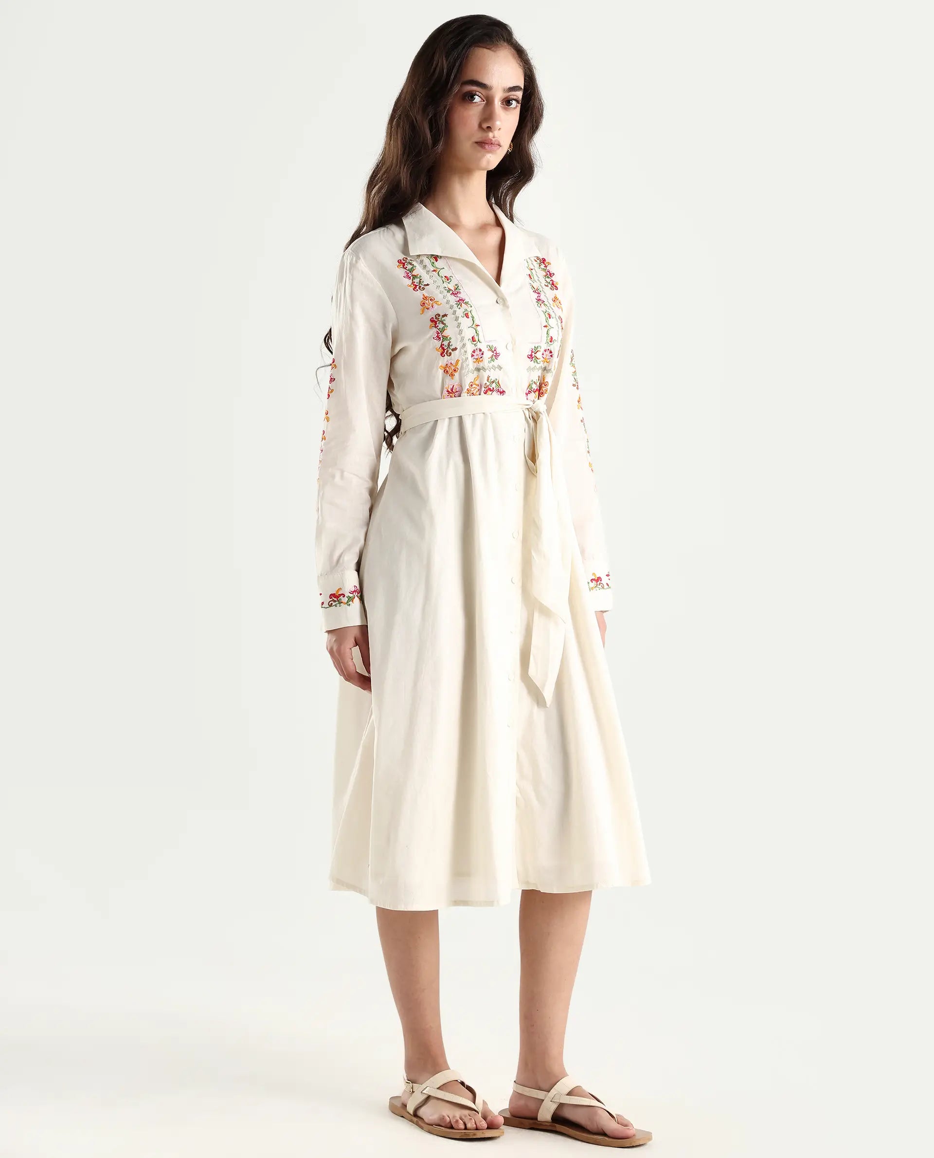 Rareism Women's Ronaq Off White Cotton Spread Collar Plain Cuffed Sleeve Midi A-Line Dress