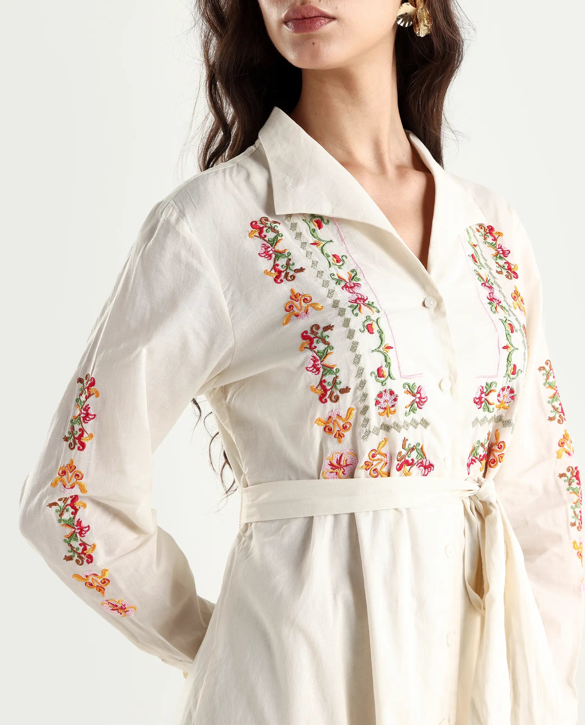 Rareism Women's Ronaq Off White Cotton Spread Collar Plain Cuffed Sleeve Midi A-Line Dress