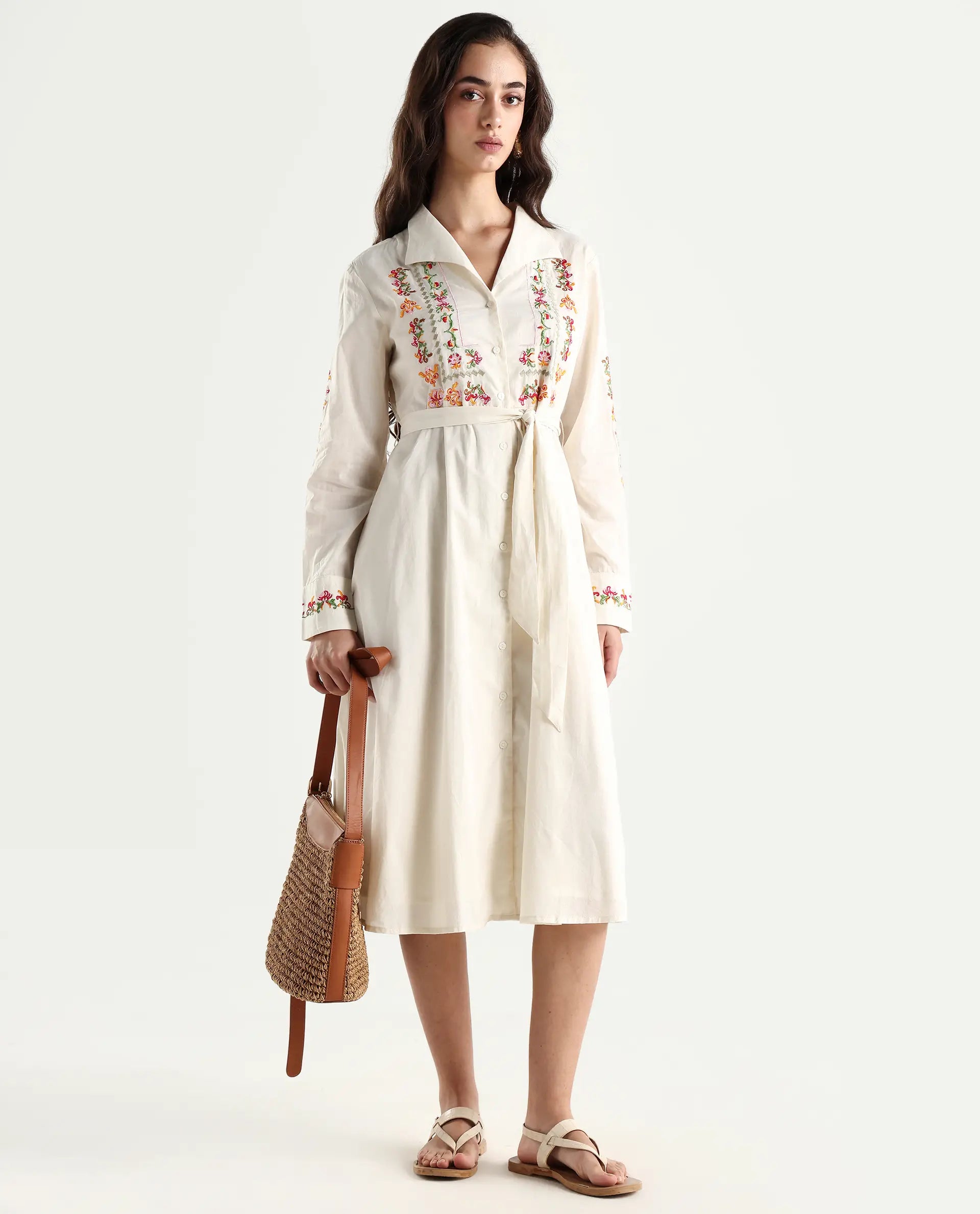 Rareism Women's Ronaq Off White Cotton Spread Collar Plain Cuffed Sleeve Midi A-Line Dress