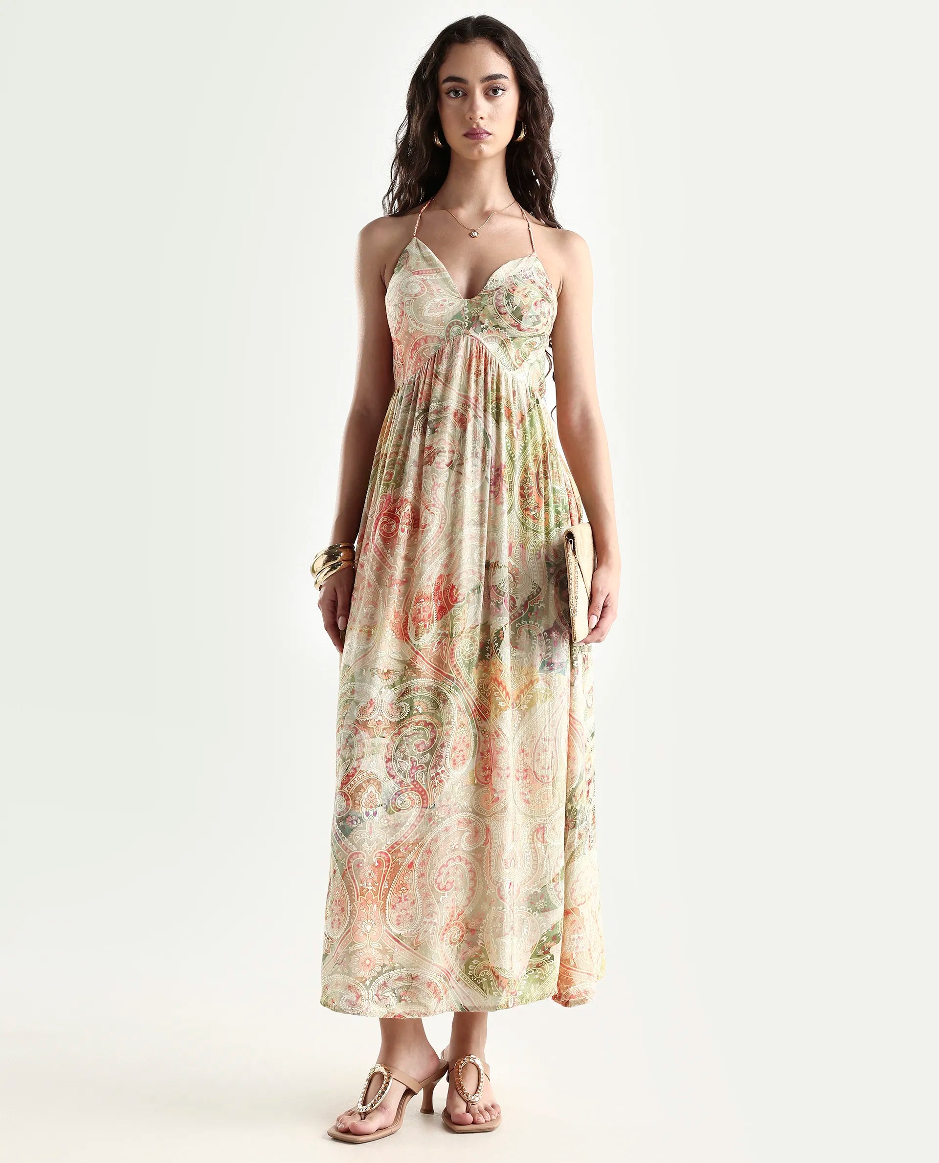 Rareism Women's Ronat Multi Cotton Blend V-Neck Paisley Print Sleeveless Maxi Fit And Flare Dress