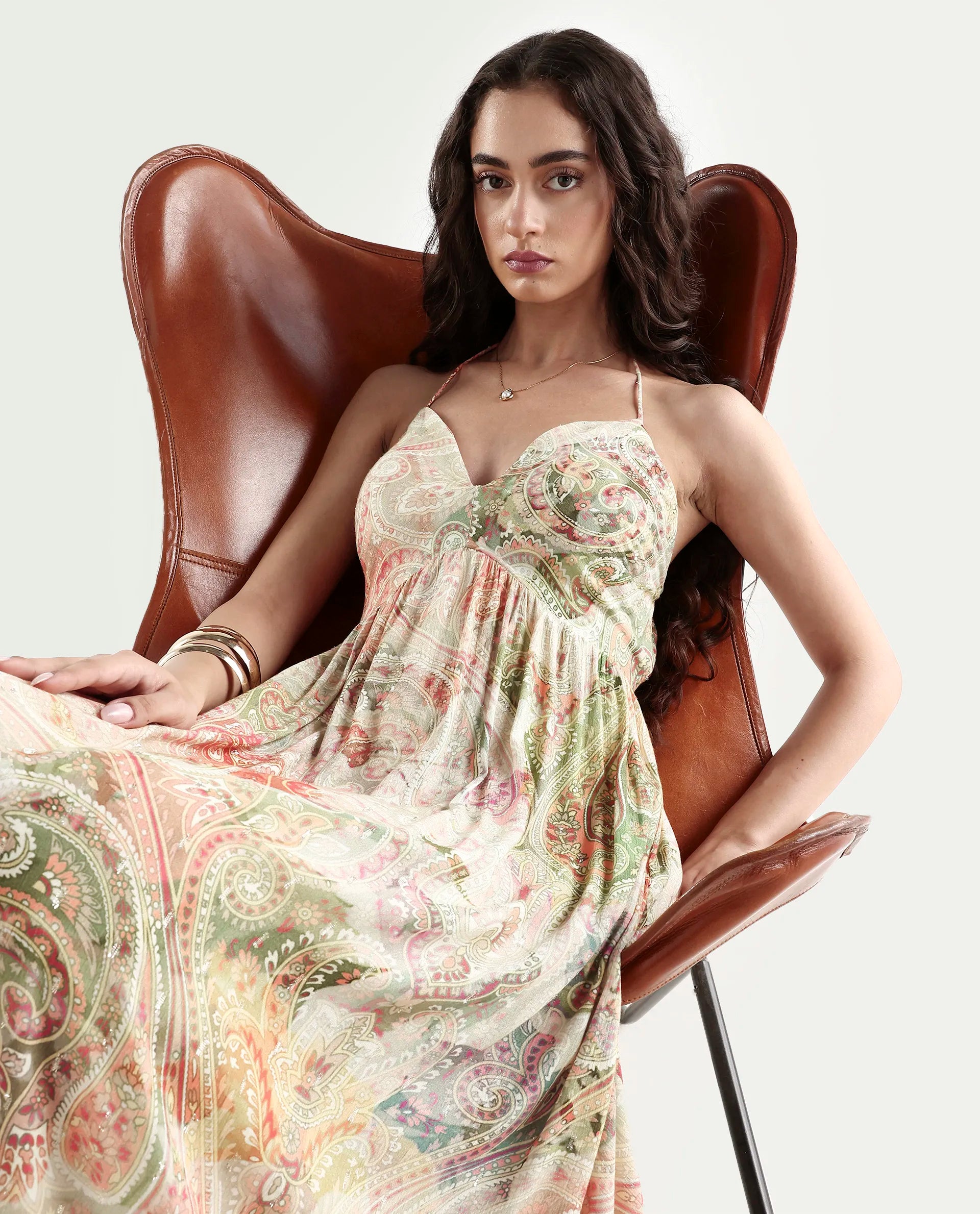 Rareism Women's Ronat Multi Cotton Blend V-Neck Paisley Print Sleeveless Maxi Fit And Flare Dress