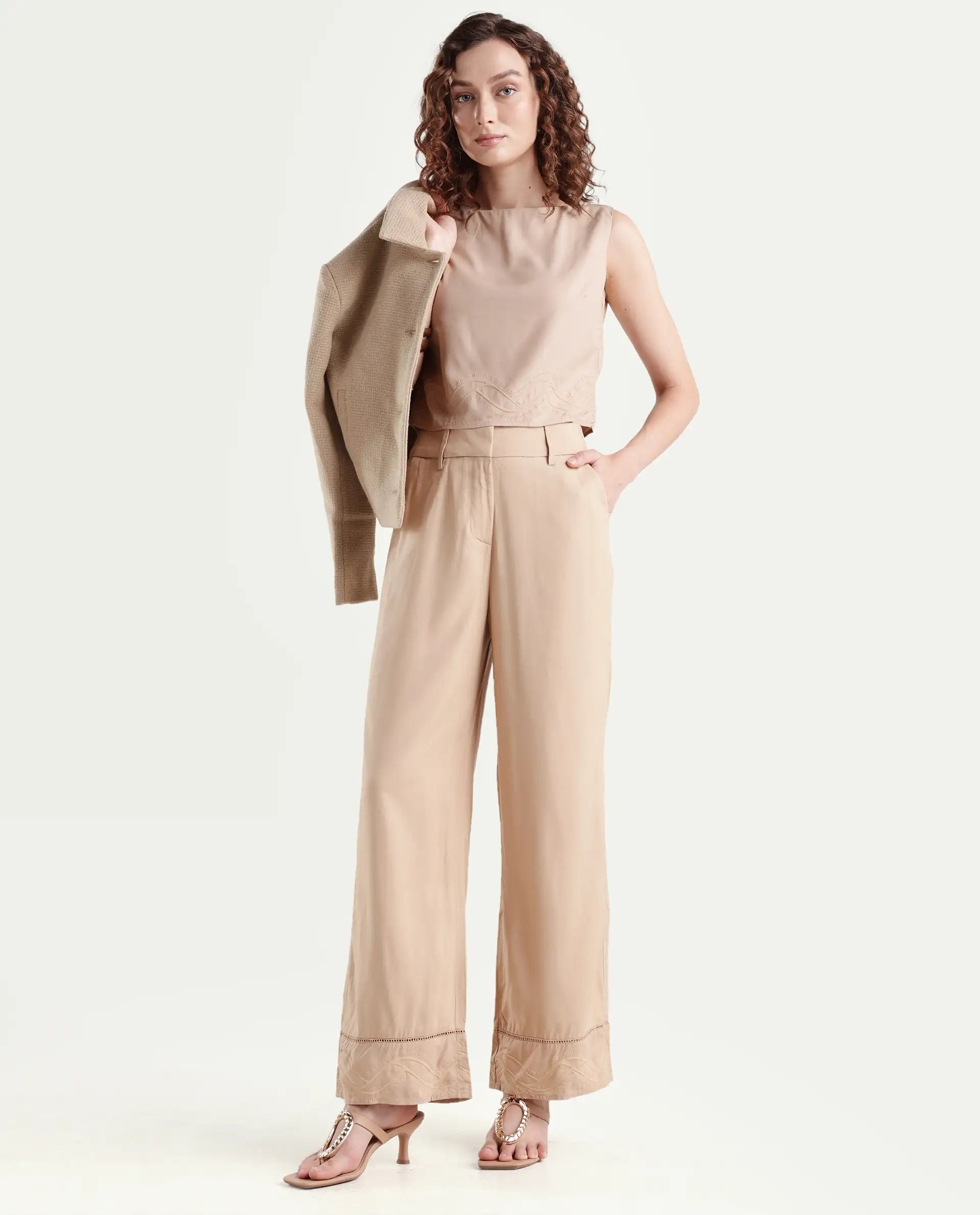 Rareism Women's Roneshif B Beige Viscose Plain Ankle Length Straight Fit Trouser