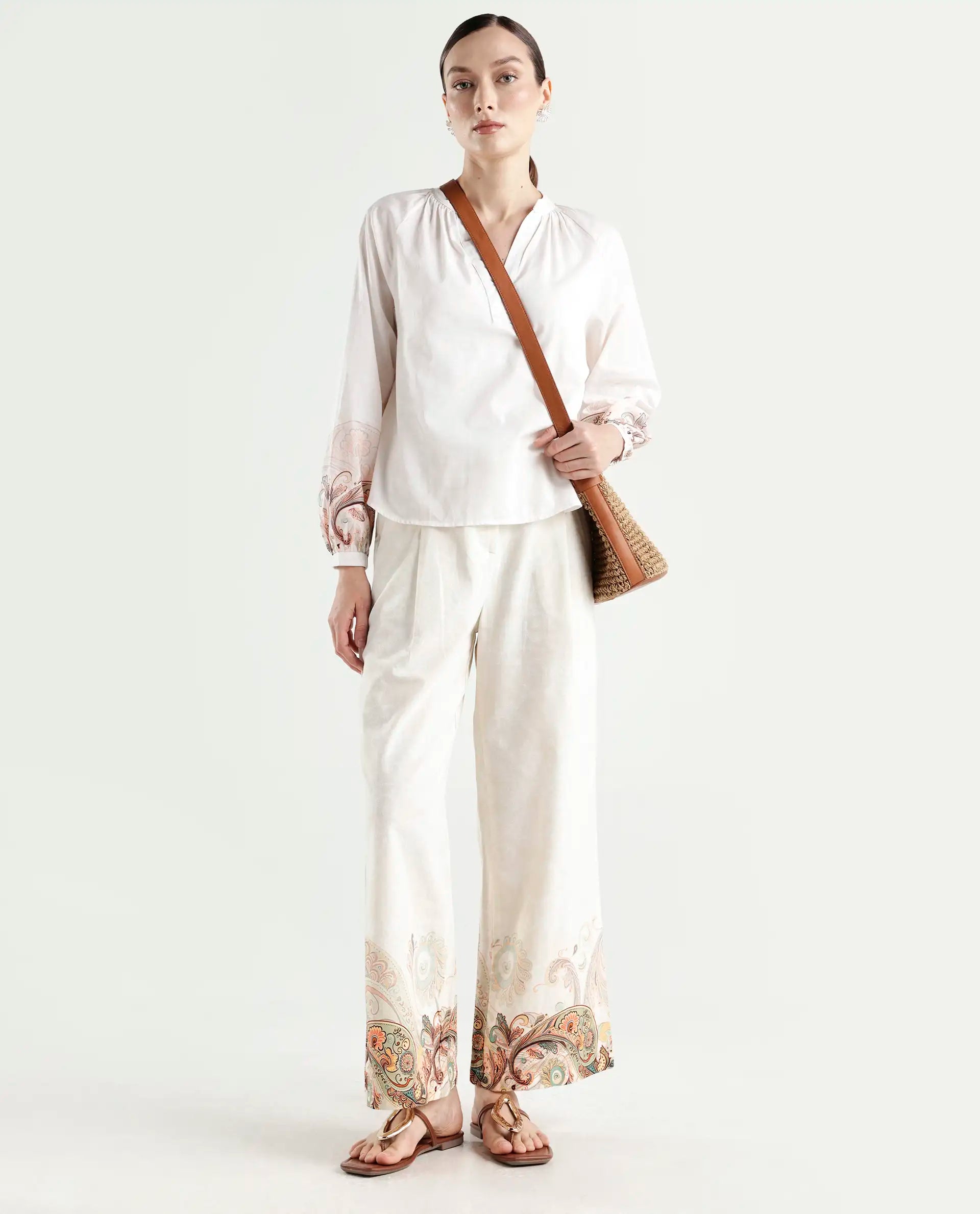 Rareism Women's Roniv B Beige Cotton Paisley Print Ankle Length Wide Trouser