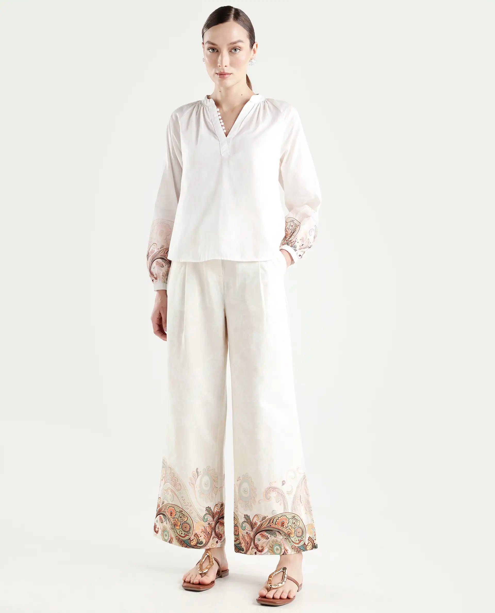 Rareism Women's Roniv B Beige Cotton Paisley Print Ankle Length Wide Trouser